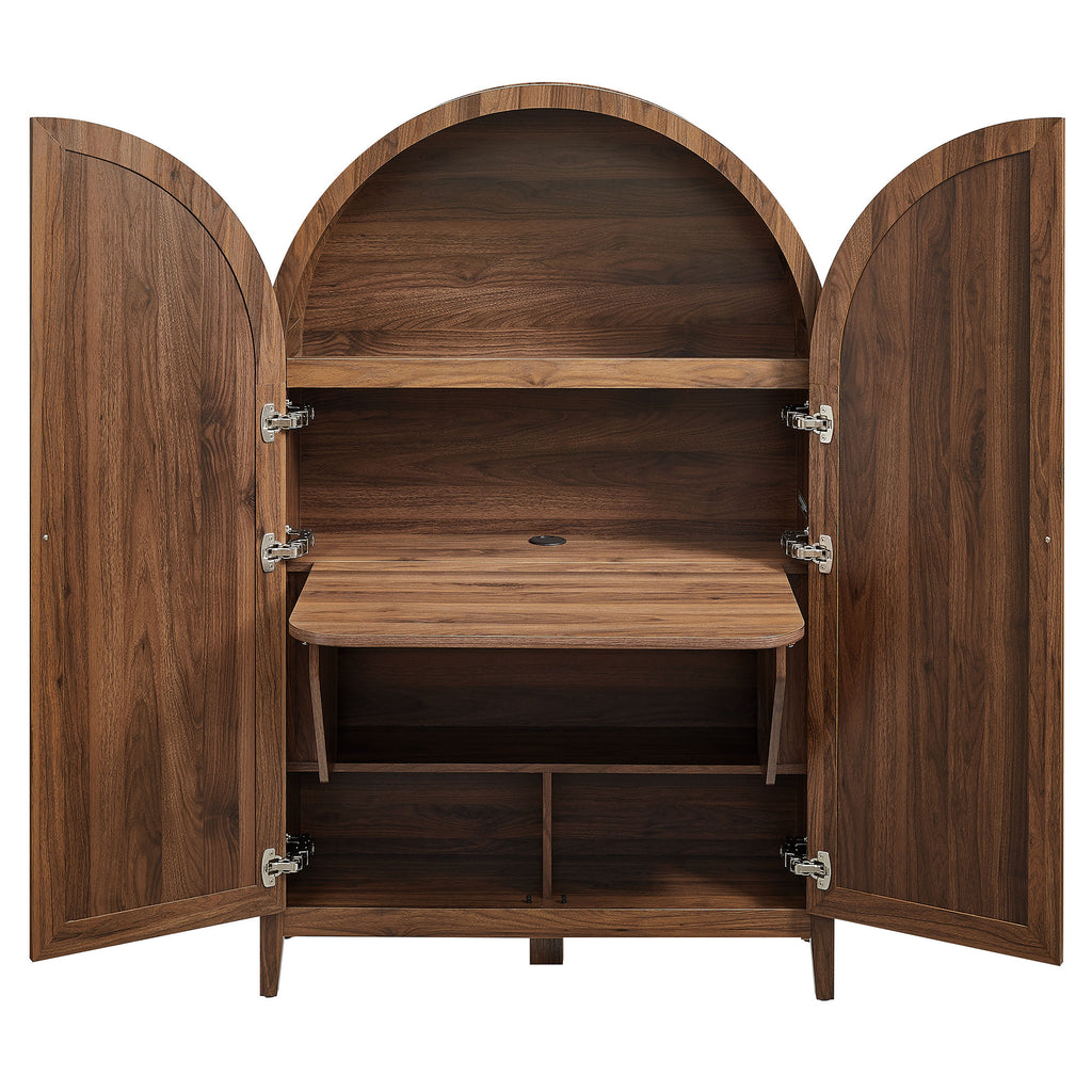 Calista 63 Inch Arched Storage Cabinet With Folding Desk - Walnut