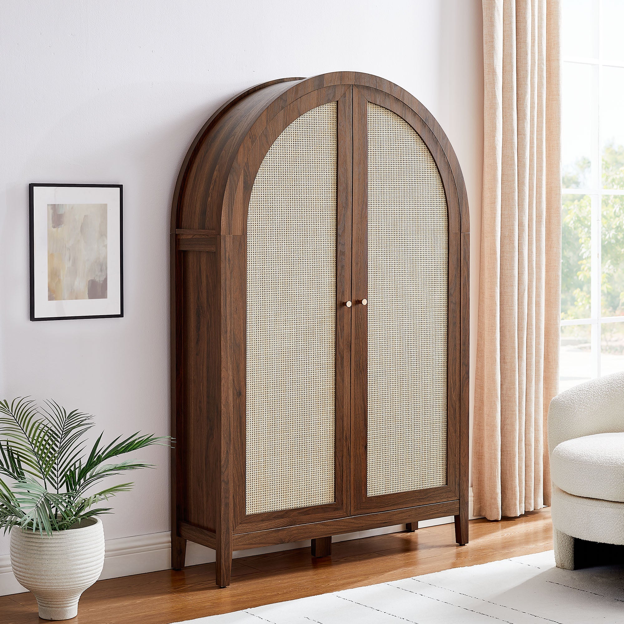 Calista 63 Inch Arched Storage Cabinet With Folding Desk - Walnut