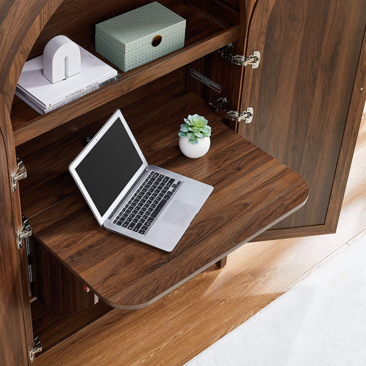 Calista 63 Inch Arched Storage Cabinet With Folding Desk - Walnut