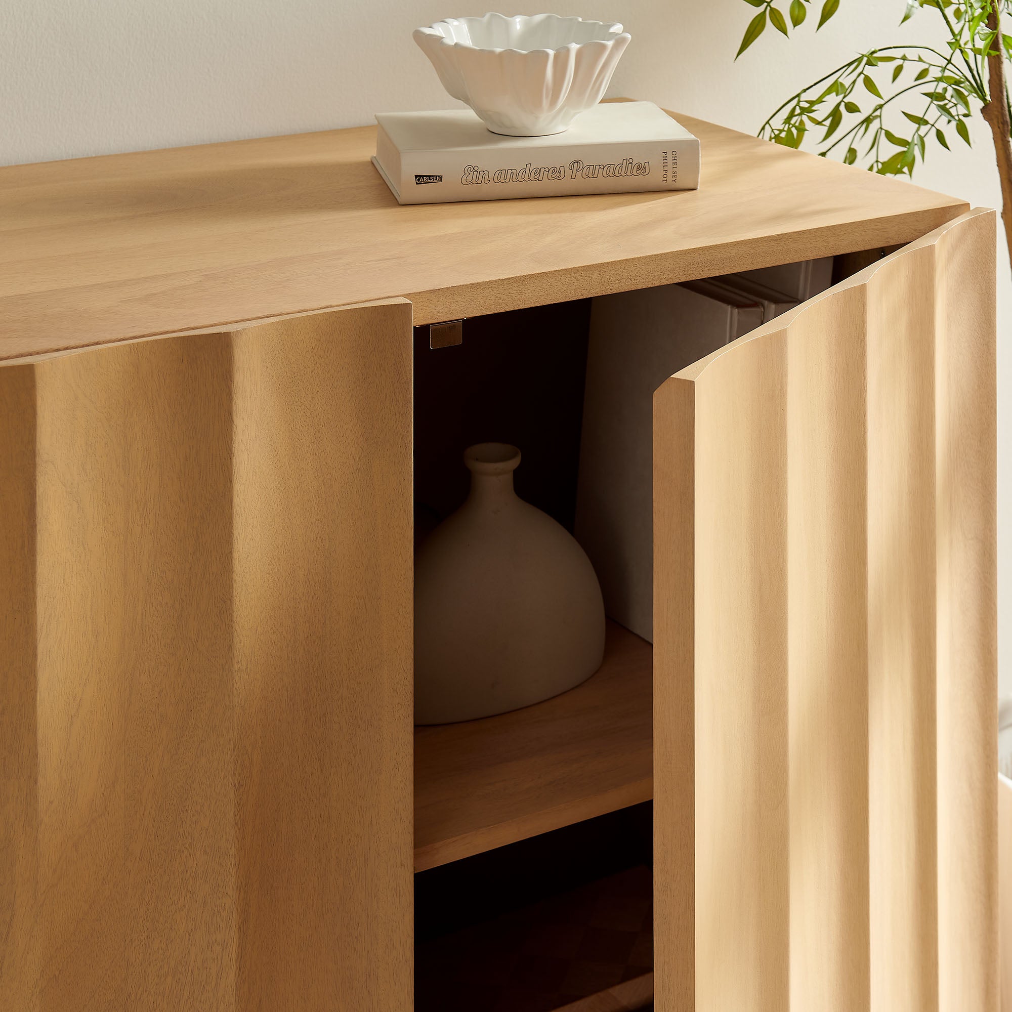 Sorren 54 Inch Scalloped Wood 3-Door Sideboard - Natural