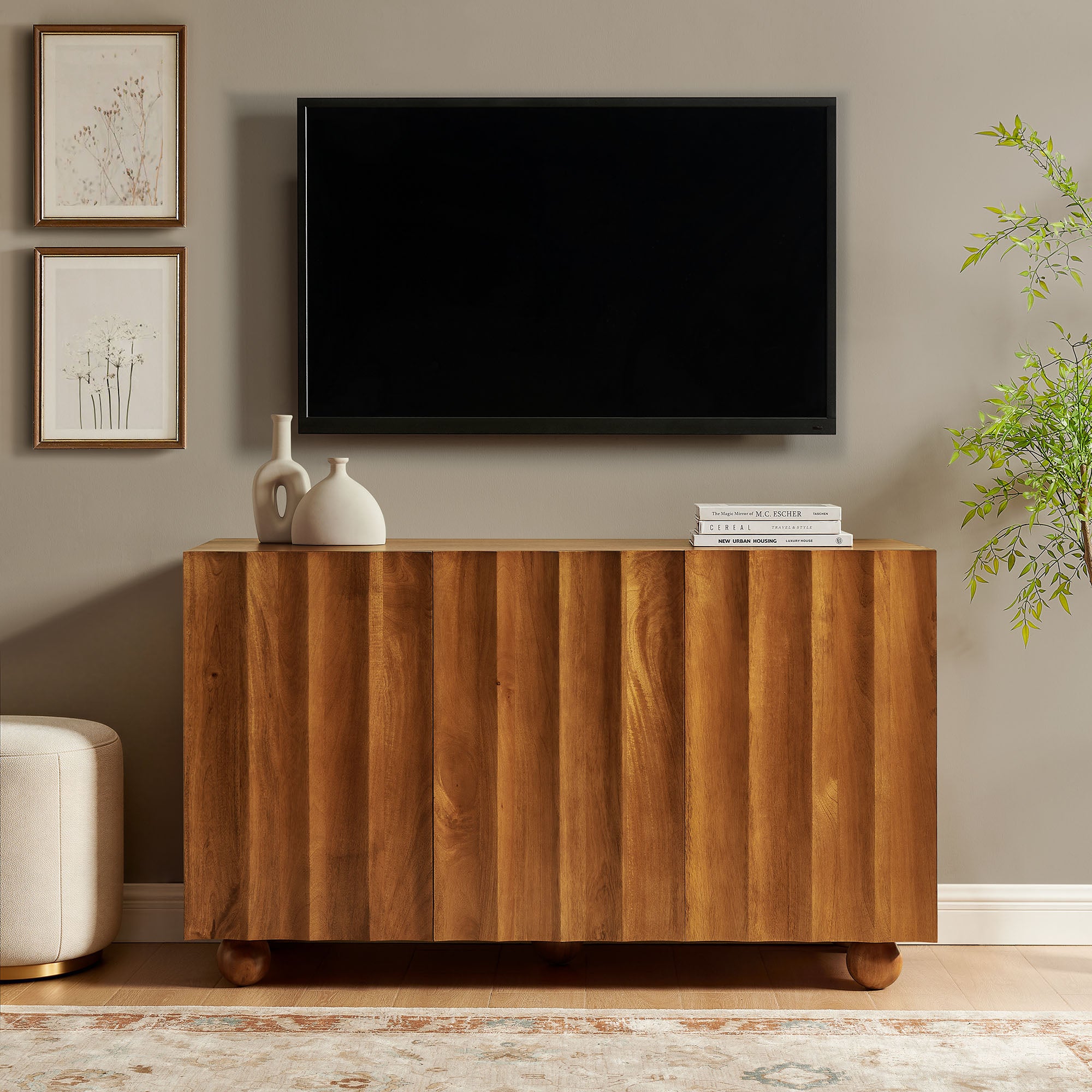 Sorren 54 Inch Scalloped Wood 3-Door Sideboard - Walnut