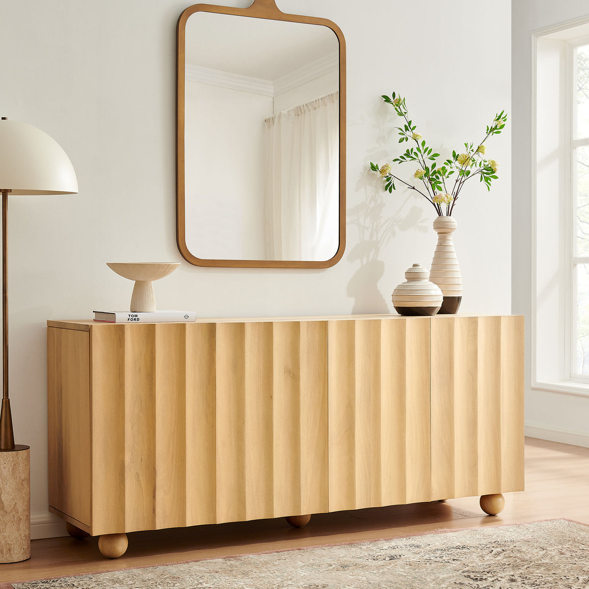 Sorren 72 Inch Scalloped Wood 4-Door Sideboard - Natural