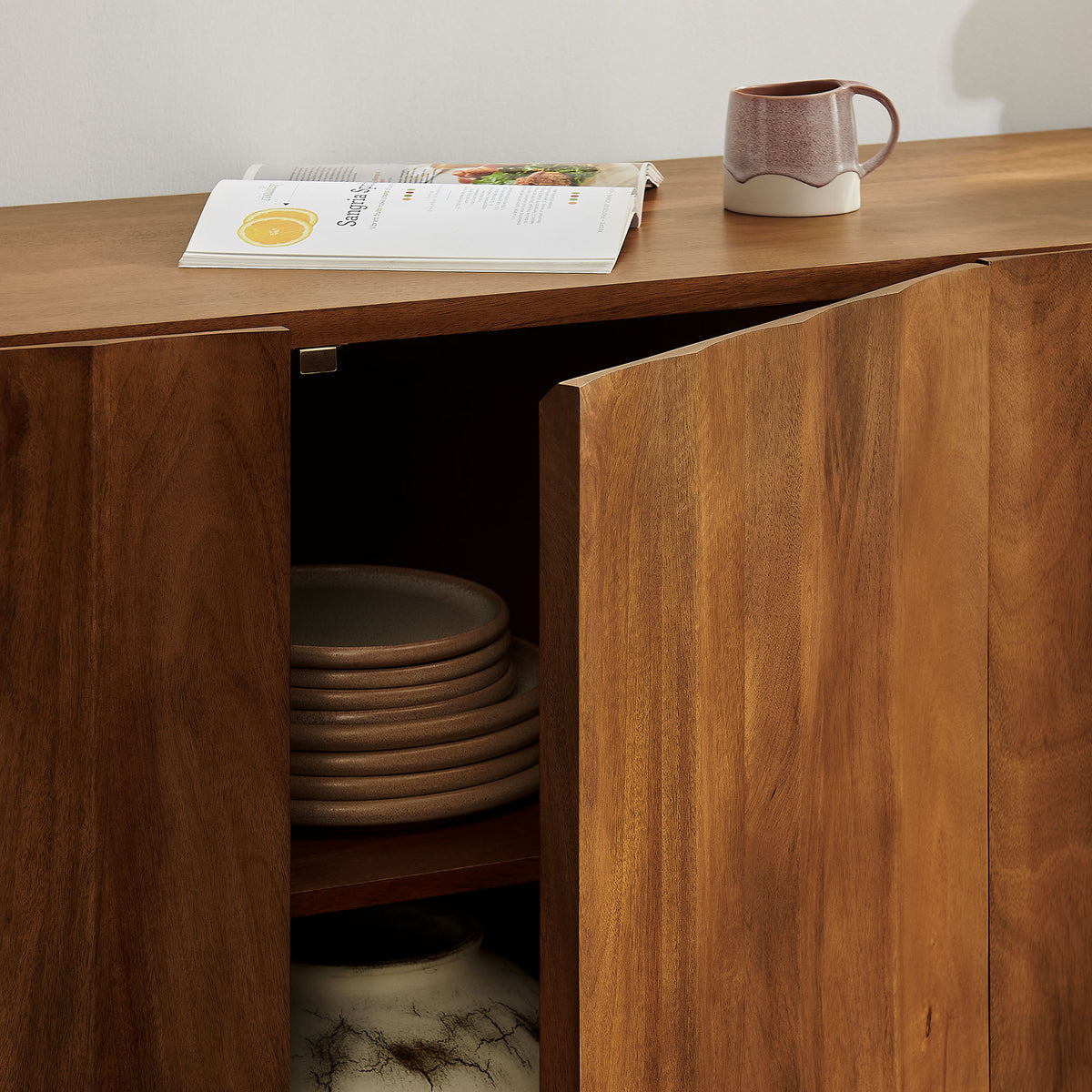 Sorren 72 Inch Scalloped Wood 4-Door Sideboard - Walnut