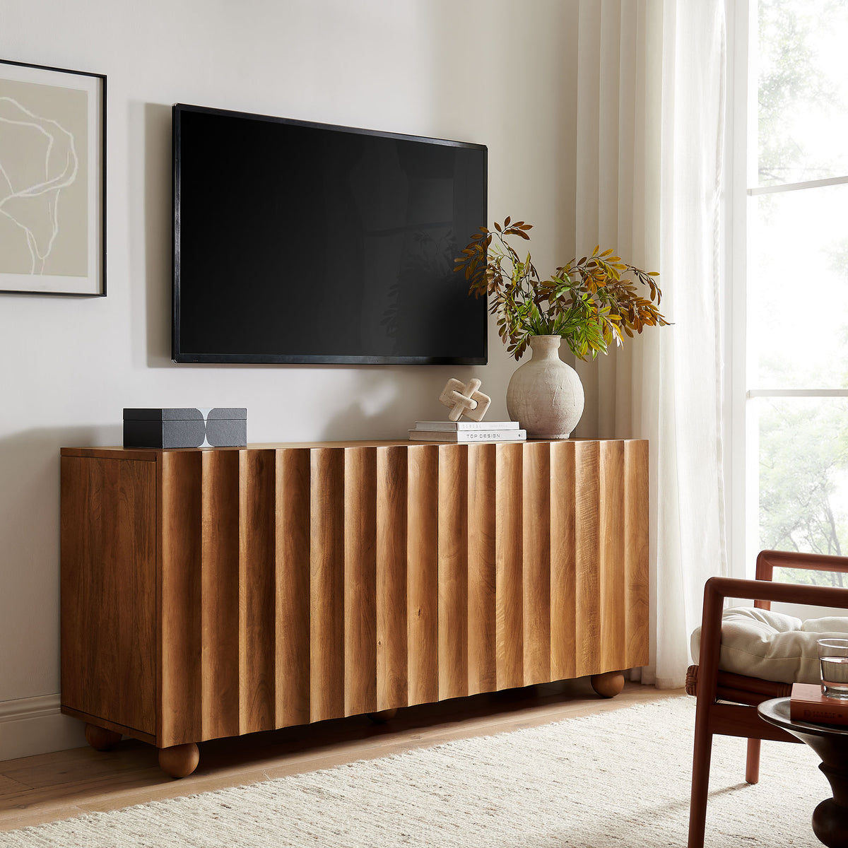 Sorren 72 Inch Scalloped Wood 4-Door Sideboard - Walnut