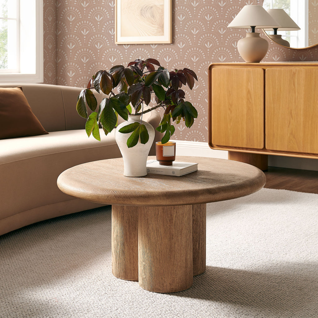 Tori 31 Inch Round Indoor and Outdoor Patio Coffee Table - Oak
