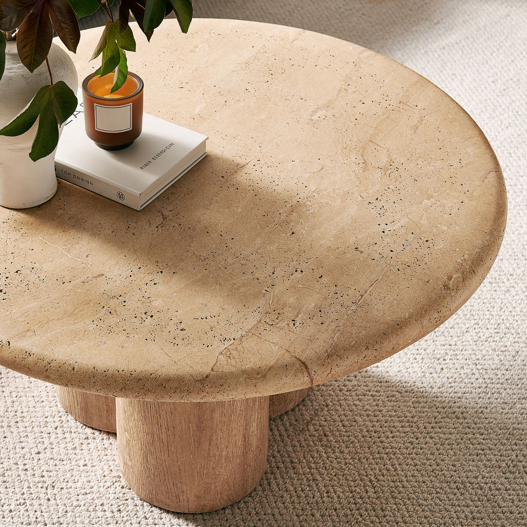 Tori 31 Inch Round Indoor and Outdoor Patio Coffee Table - Travertine