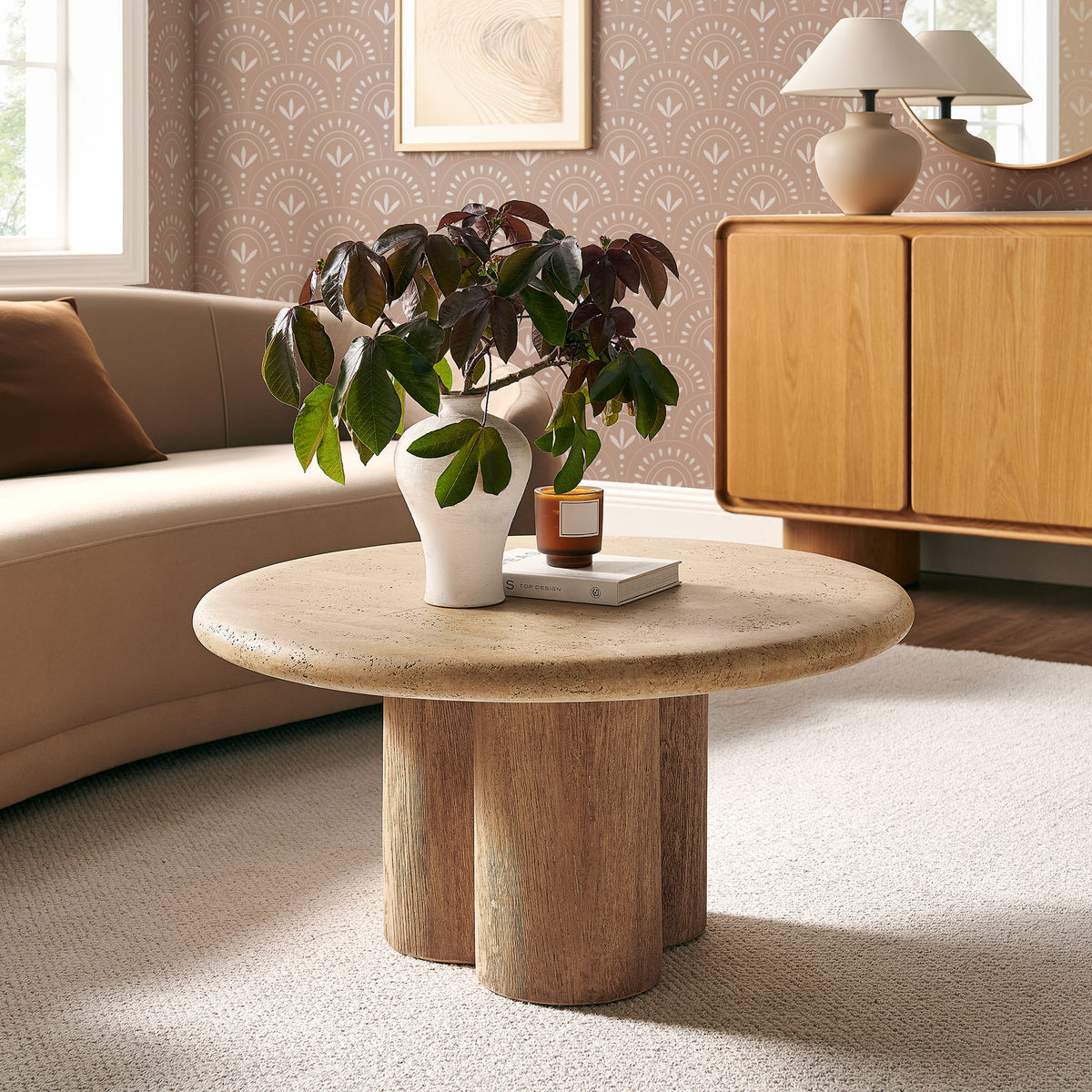Tori 31 Inch Round Indoor and Outdoor Patio Coffee Table - Travertine