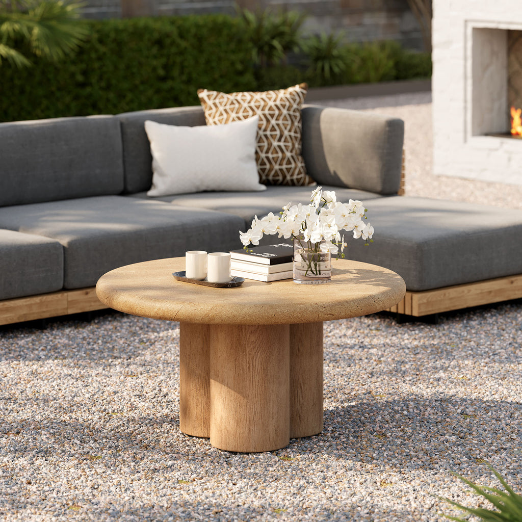 Tori 31 Inch Round Indoor and Outdoor Patio Coffee Table - Travertine