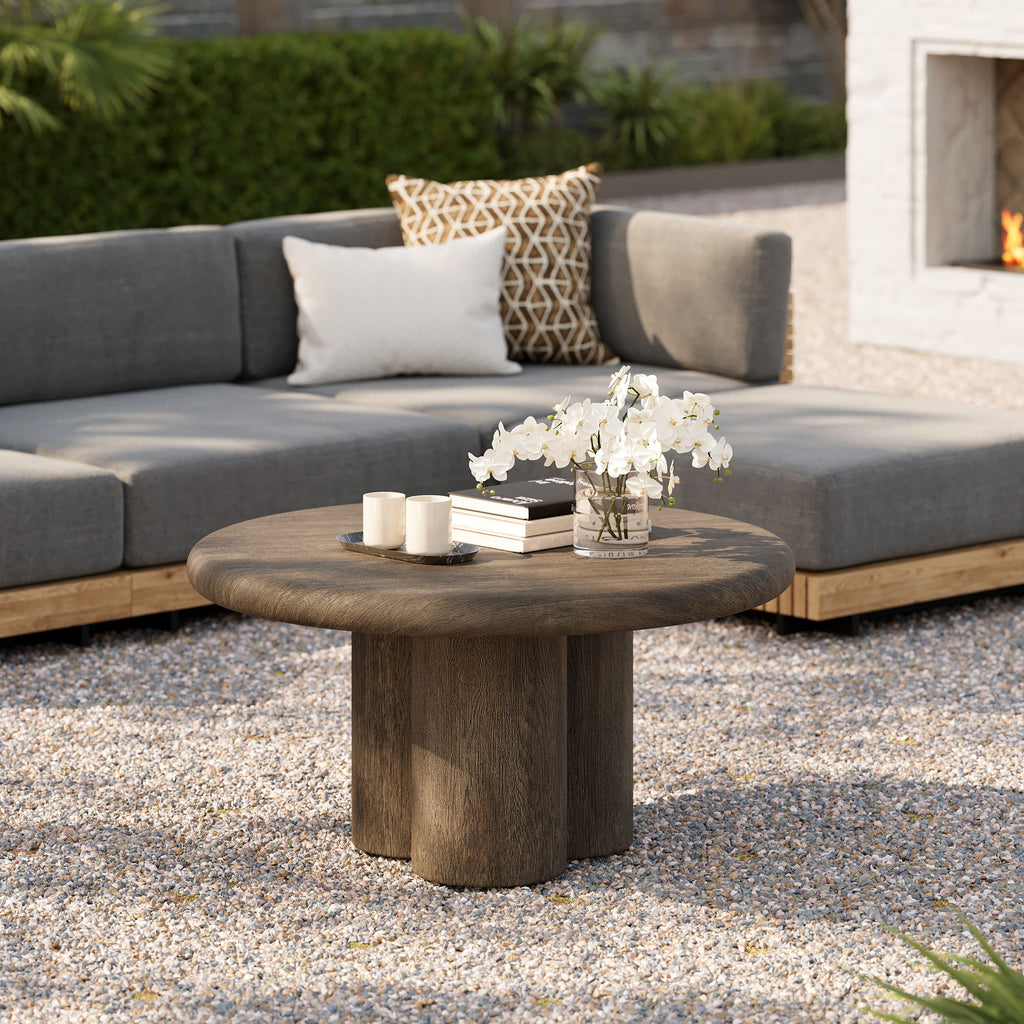 Tori 31 Inch Round Indoor and Outdoor Patio Coffee Table - Weathered Walnut