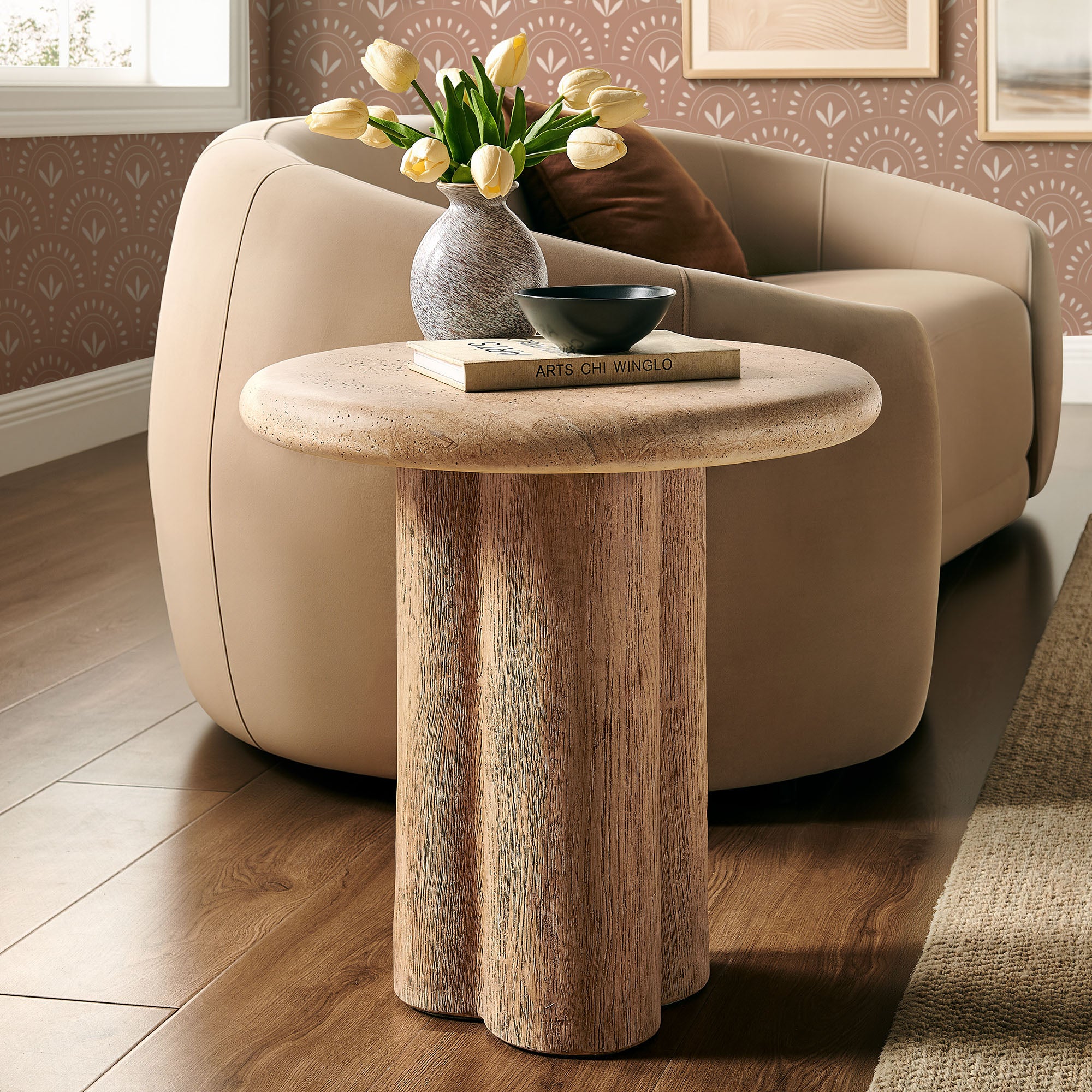 Tori 20 Inch Round Indoor and Outdoor Patio Side Table - Travertine