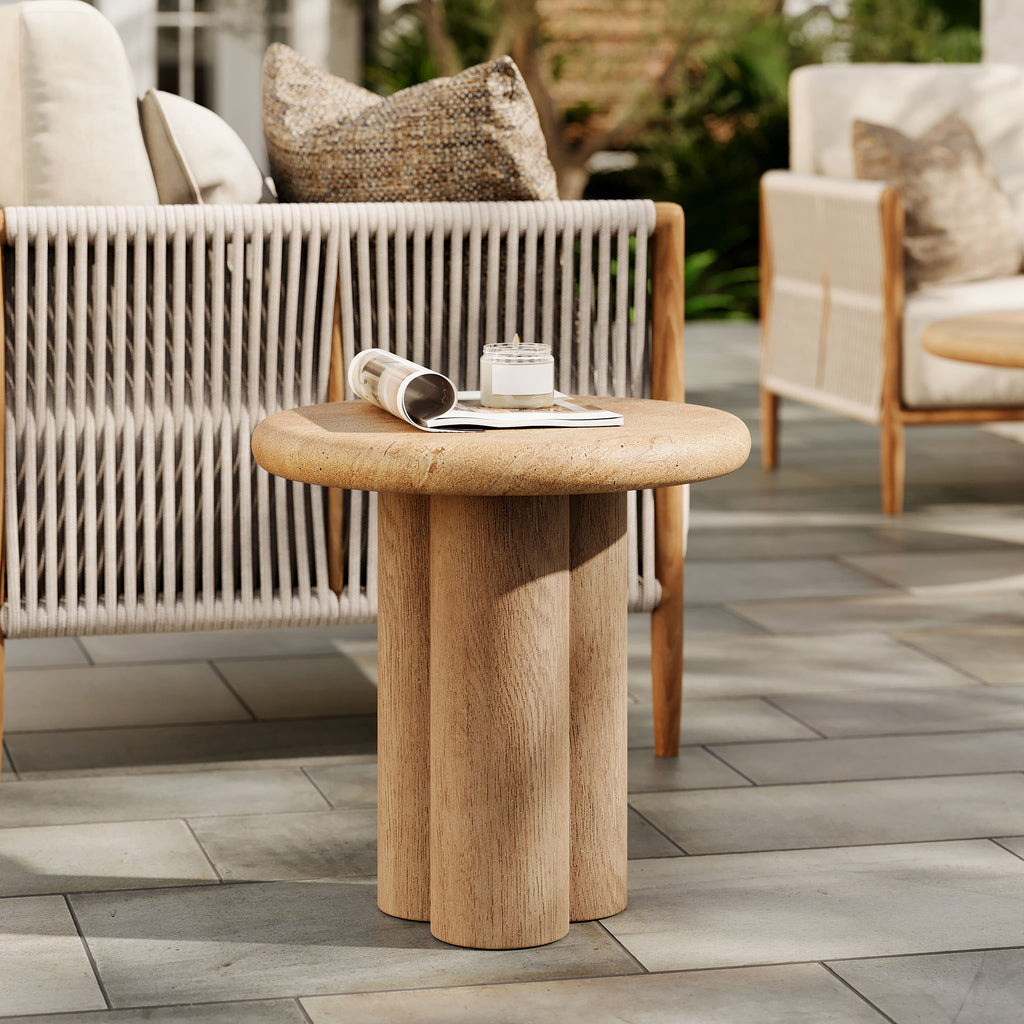 Tori 20 Inch Round Indoor and Outdoor Patio Side Table - Travertine