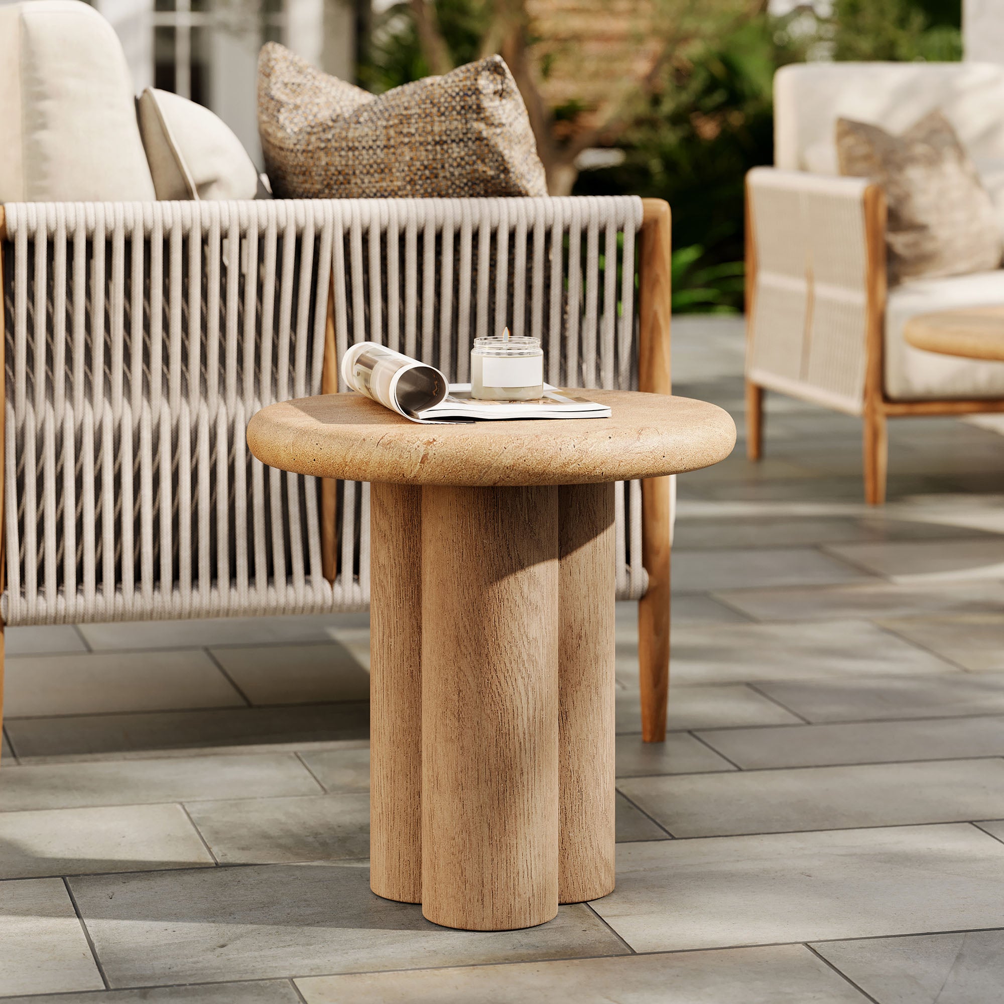 Tori 20 Inch Round Indoor and Outdoor Patio Side Table - Travertine