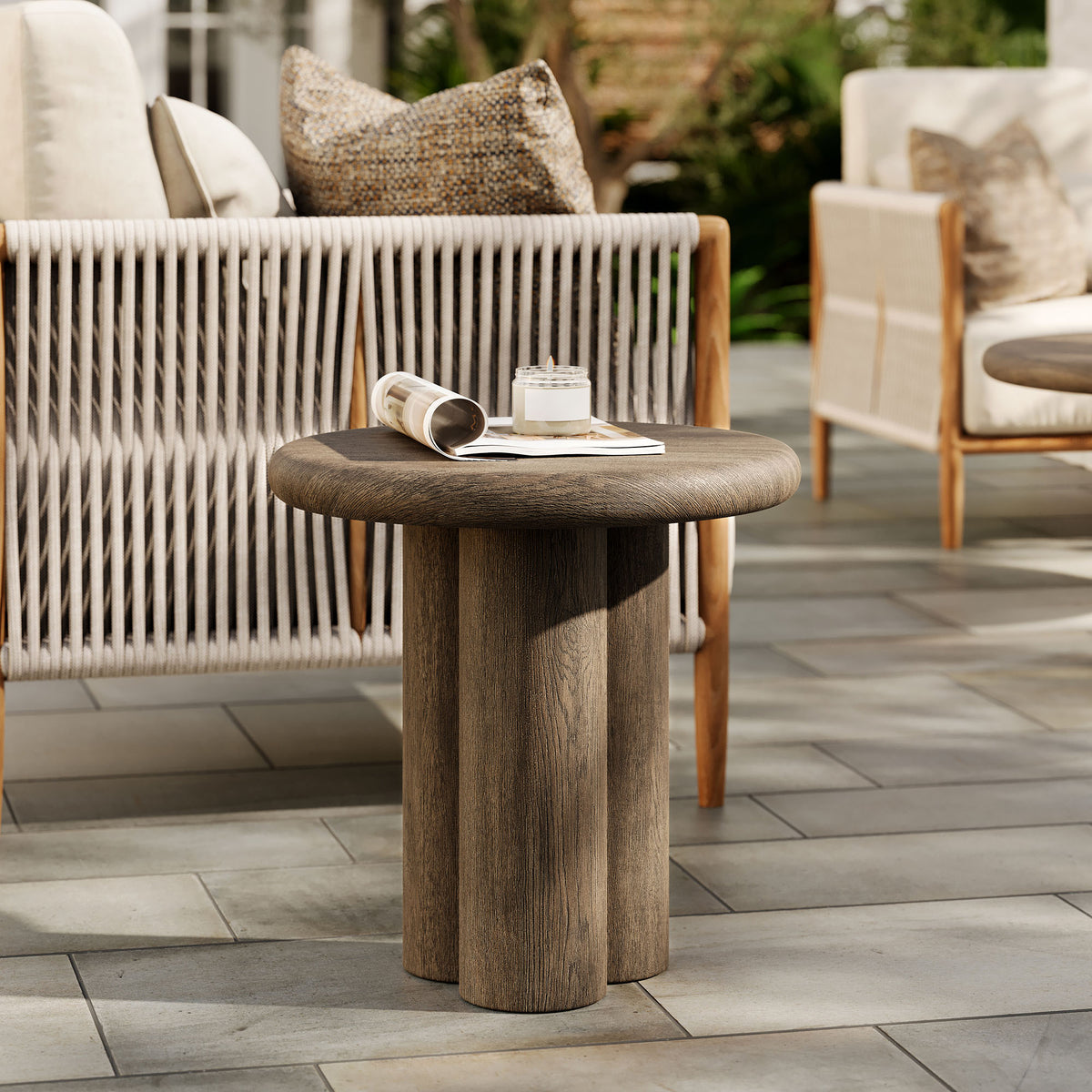 Tori 20 Inch Round Indoor and Outdoor Patio Side Table - Weathered Walnut