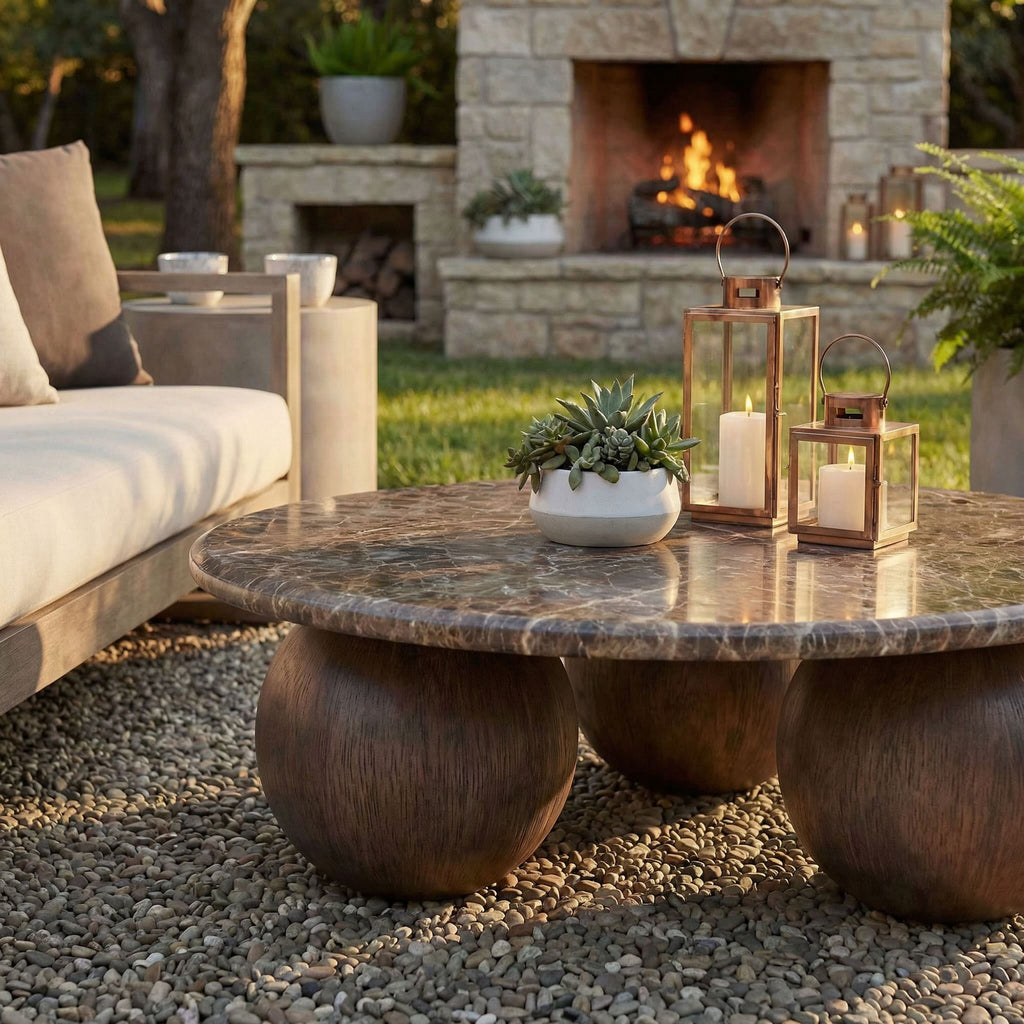 Pietra Indoor Outdoor Patio Round Coffee Table - Dark Emperador Marble
