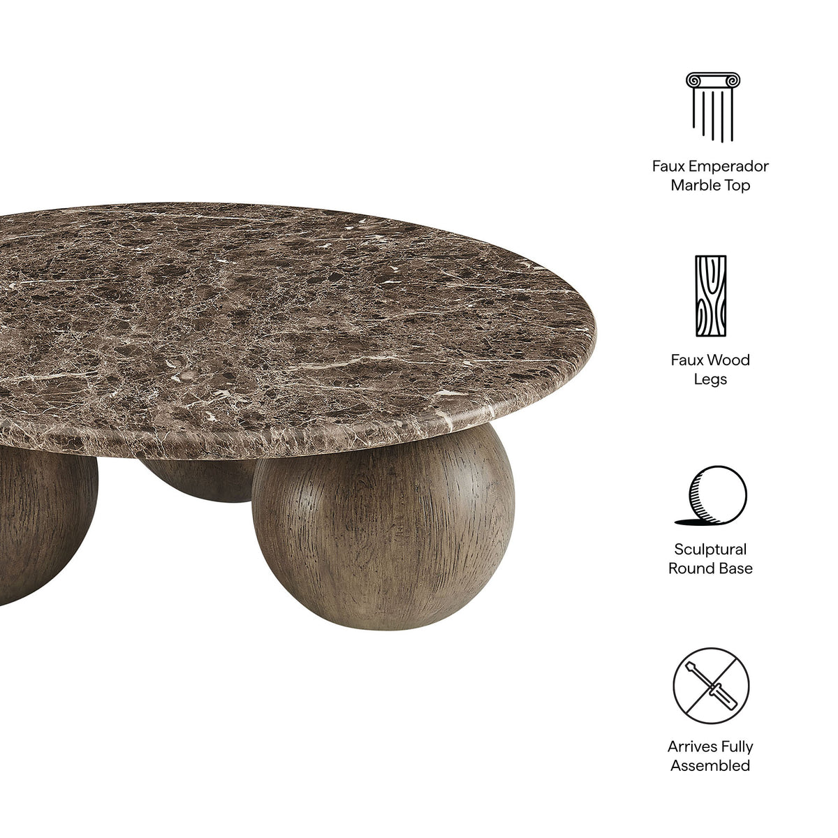 Pietra Indoor Outdoor Patio Round Coffee Table - Dark Emperador Marble