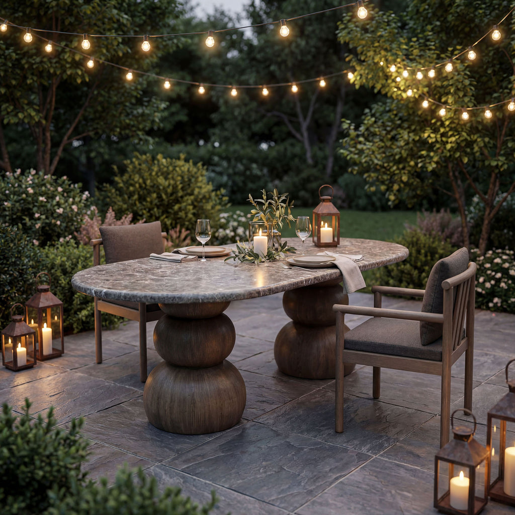 Pietra Indoor Outdoor Patio Oval Dining Table - Dark Emperador Marble