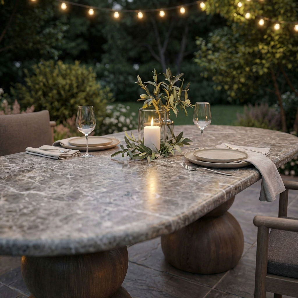 Pietra Indoor Outdoor Patio Oval Dining Table - Dark Emperador Marble