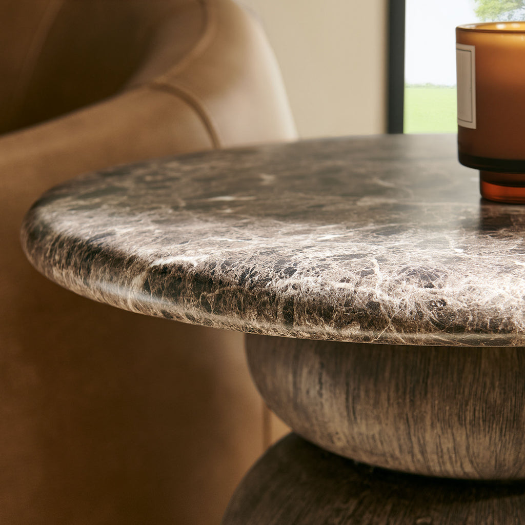 Pietra Indoor Outdoor Patio Round Side Table - Dark Emperador Marble