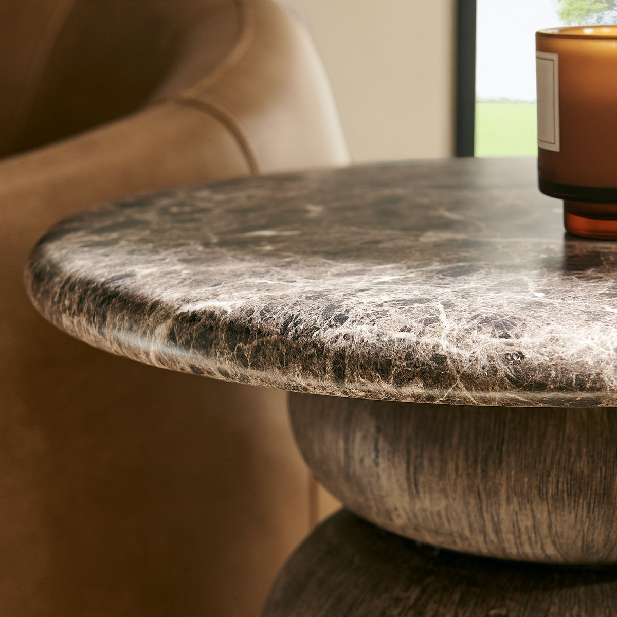Pietra Indoor Outdoor Patio Round Side Table - Dark Emperador Marble