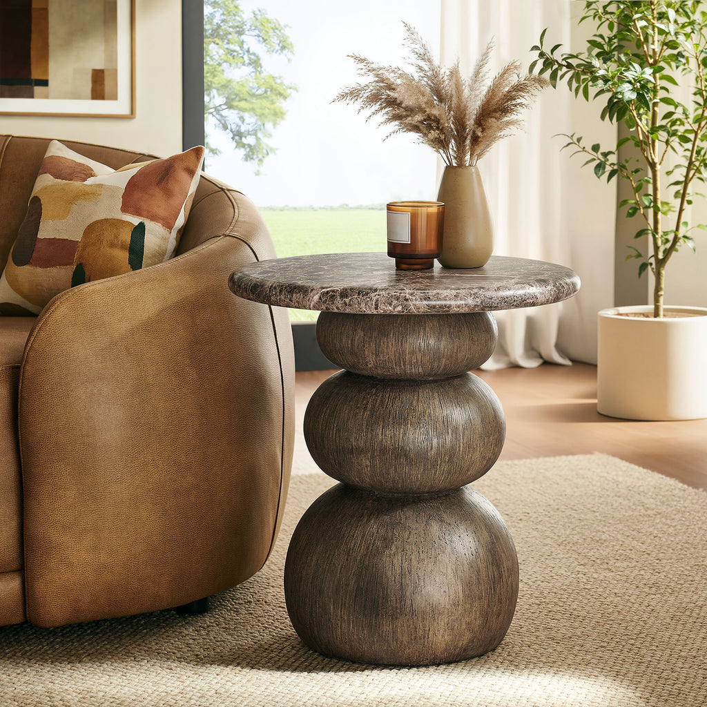 Pietra Indoor Outdoor Patio Round Side Table - Dark Emperador Marble