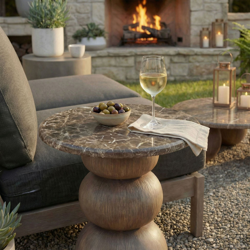 Pietra Indoor Outdoor Patio Round Side Table - Dark Emperador Marble