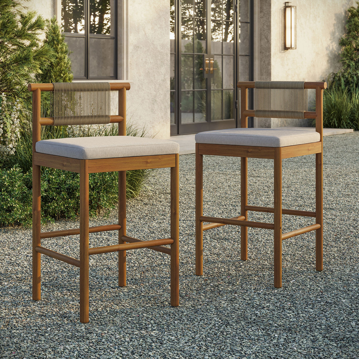 Eleni Outdoor Patio Teak Wood Bar Stools Set of 2 - Natural Sail