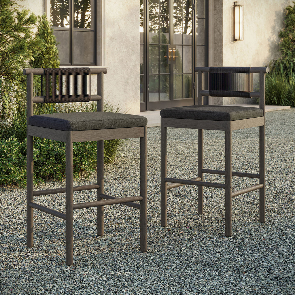 Eleni Outdoor Patio Teak Wood Bar Stools Set of 2 - Weathered Gray Flint
