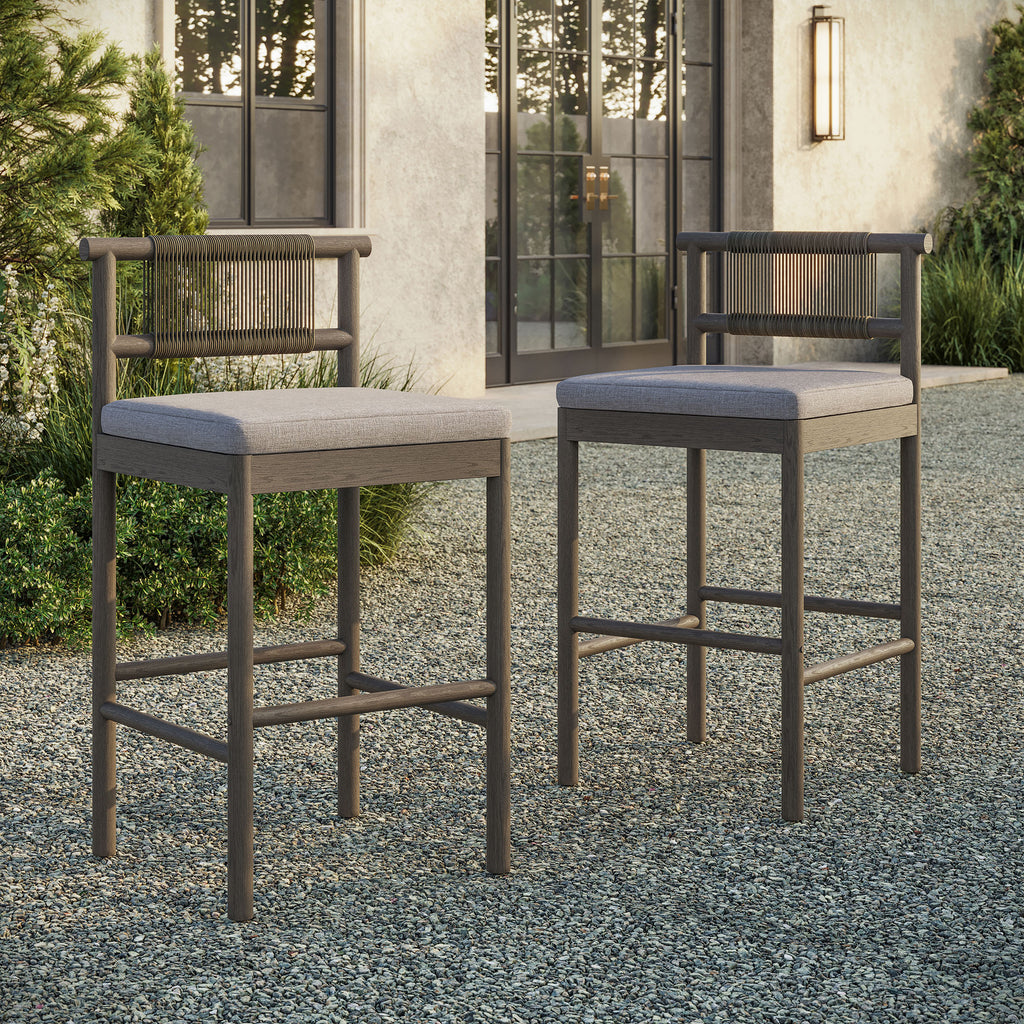 Eleni Outdoor Patio Teak Wood Bar Stools Set of 2 - Weathered Gray Pebble