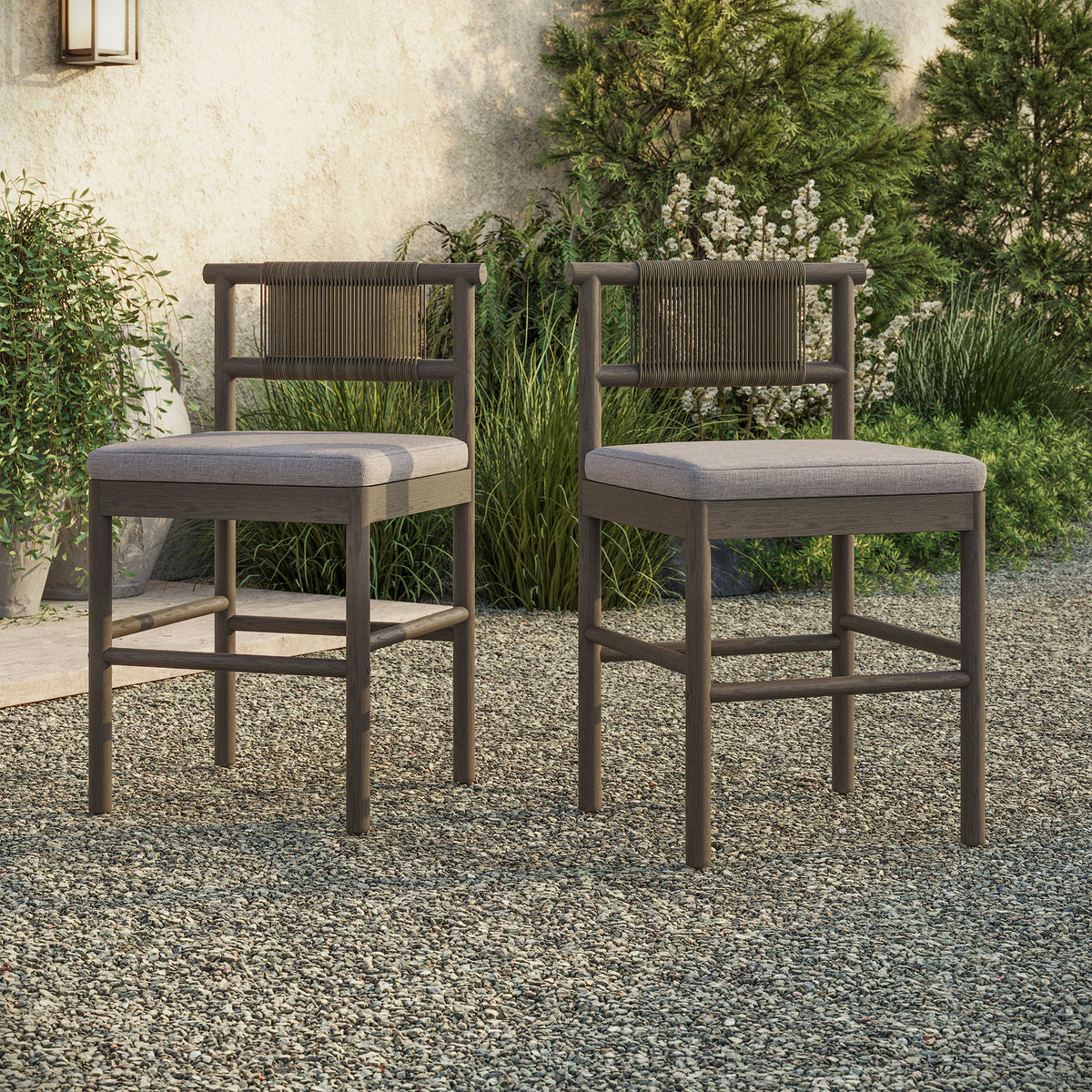 Eleni Outdoor Patio Teak Wood Counter Stools Set of 2 - Weathered Gray Pebble