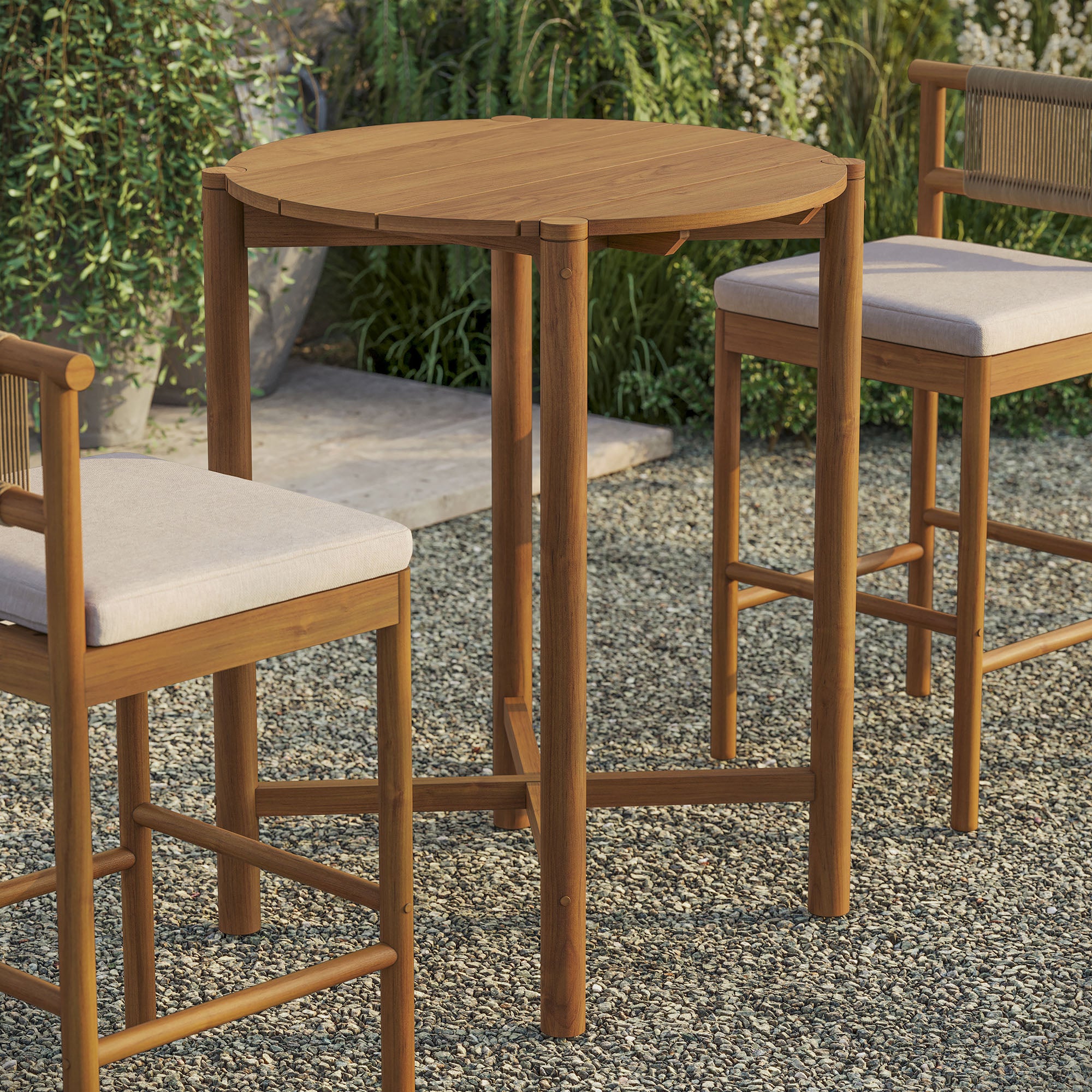 Eleni Round 35 Inch Outdoor Patio Teak Wood Round Bar Table - Natural