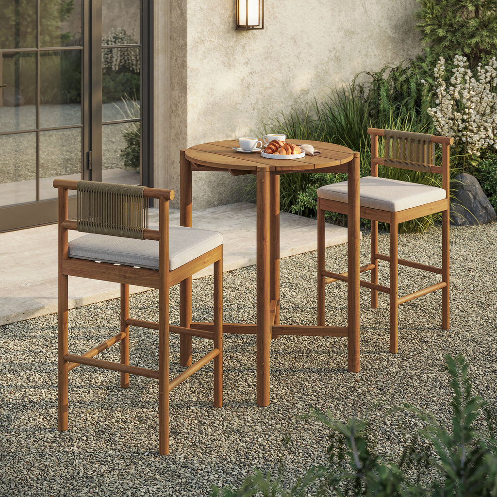 Eleni 3-Piece Outdoor Patio Teak Wood Bar Set - Natural Sail