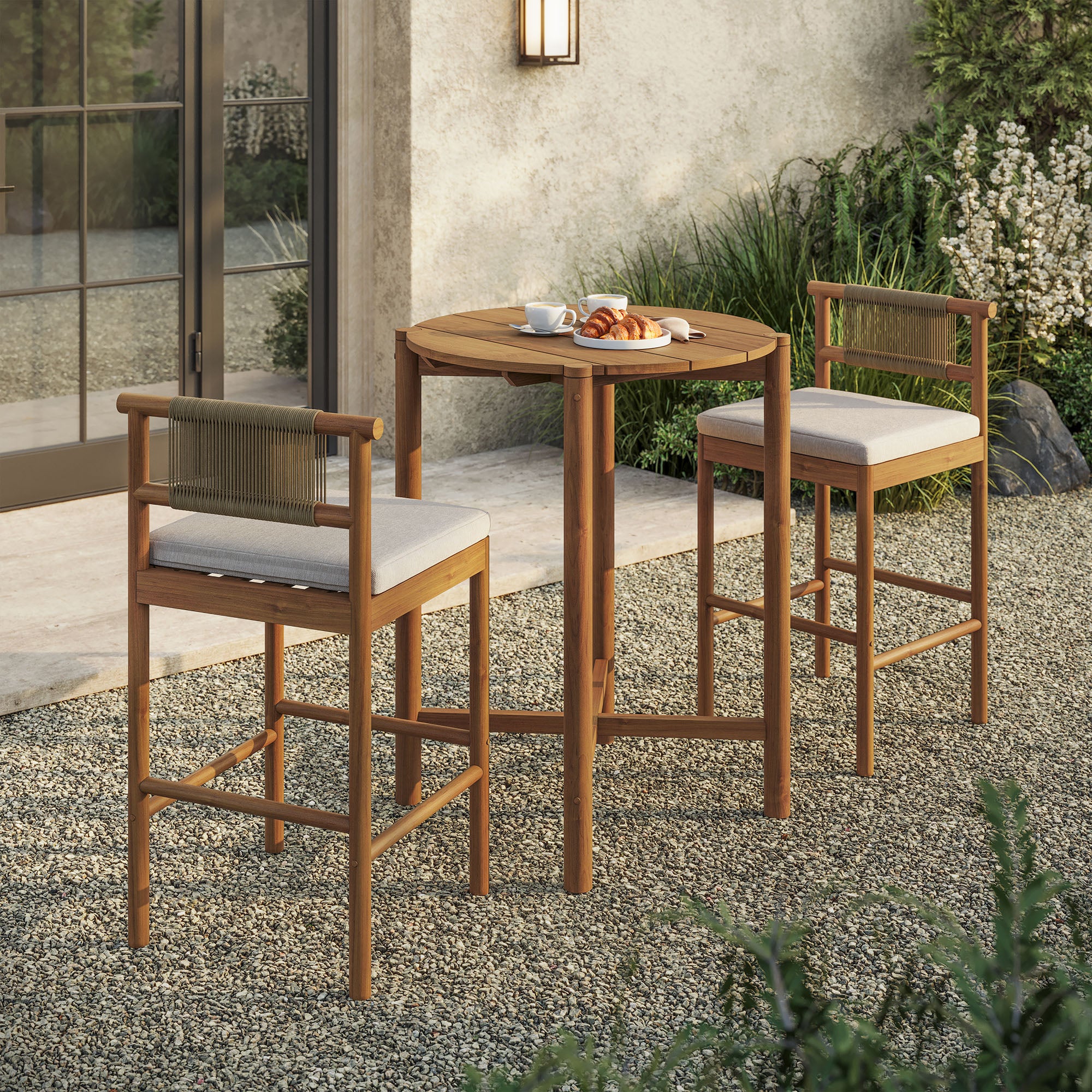 Eleni 3-Piece Outdoor Patio Teak Wood Bar Set - Natural Sail