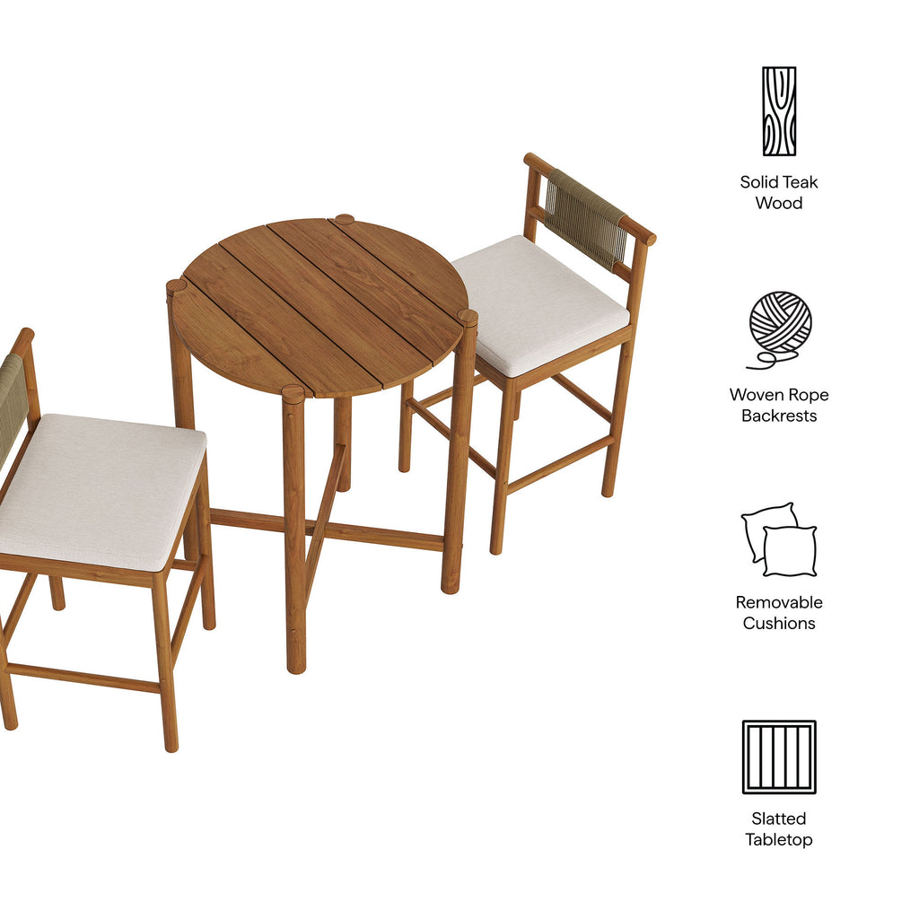 Eleni 3-Piece Outdoor Patio Teak Wood Bar Set - Natural Sail