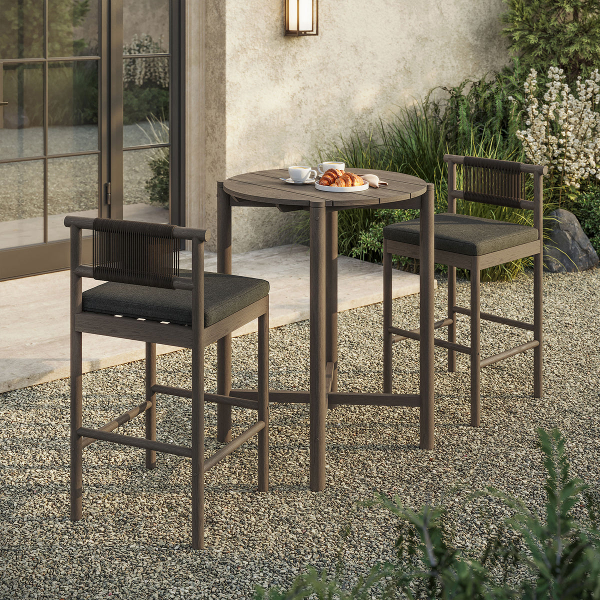 Eleni 3-Piece Outdoor Patio Teak Wood Bar Set - Weathered Gray Flint