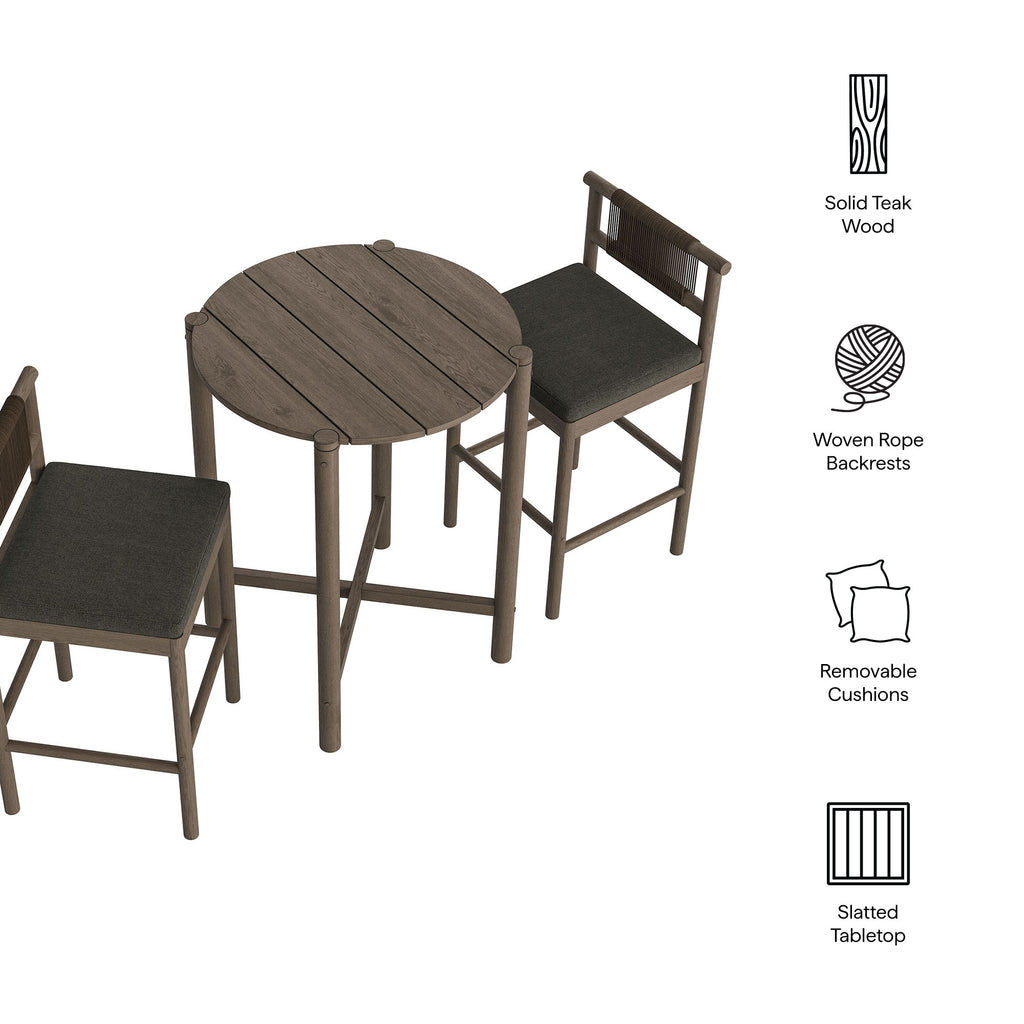 Eleni 3-Piece Outdoor Patio Teak Wood Bar Set - Weathered Gray Flint