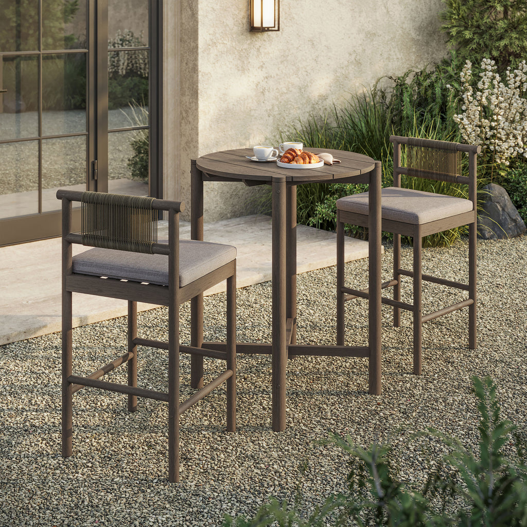 Eleni 3-Piece Outdoor Patio Teak Wood Bar Set - Weathered Gray Pebble