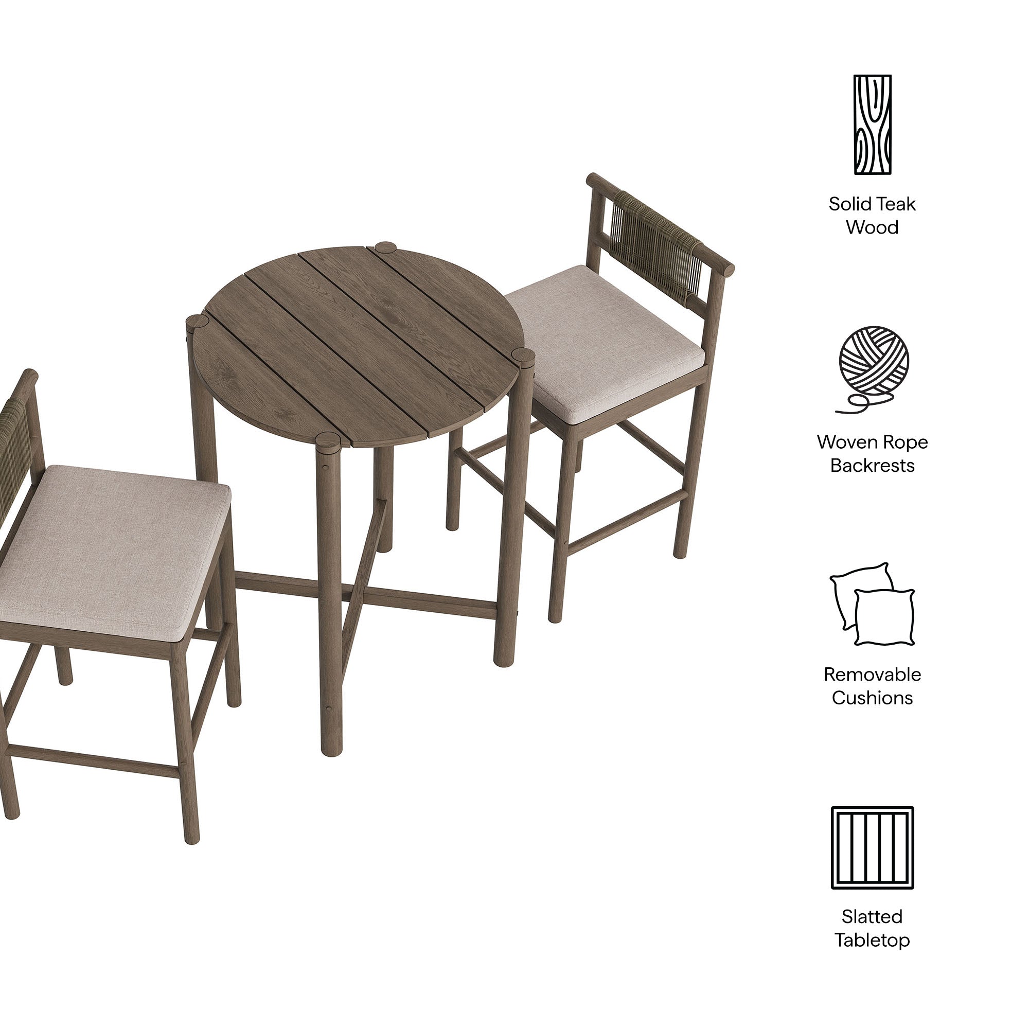 Eleni 3-Piece Outdoor Patio Teak Wood Bar Set - Weathered Gray Pebble