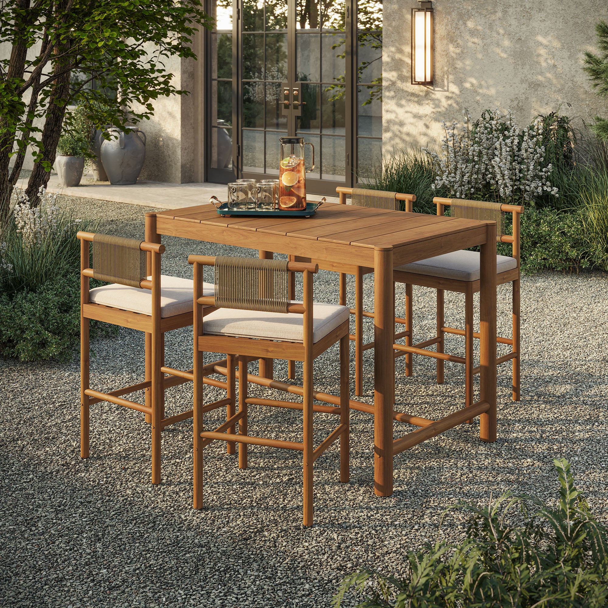 Eleni 5-Piece Outdoor Patio Teak Wood Bar Set - Natural Sail