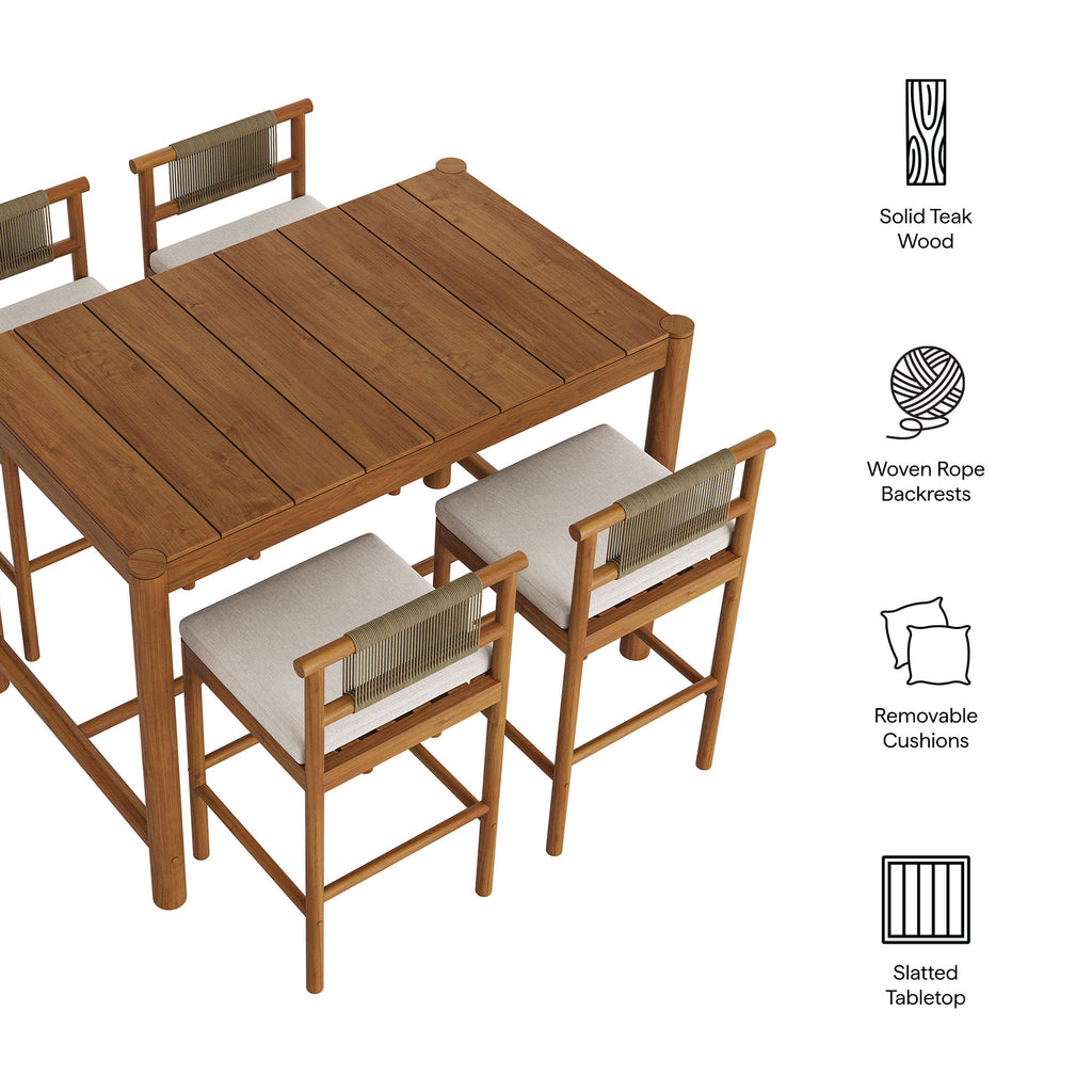 Eleni 5-Piece Outdoor Patio Teak Wood Bar Set - Natural Sail