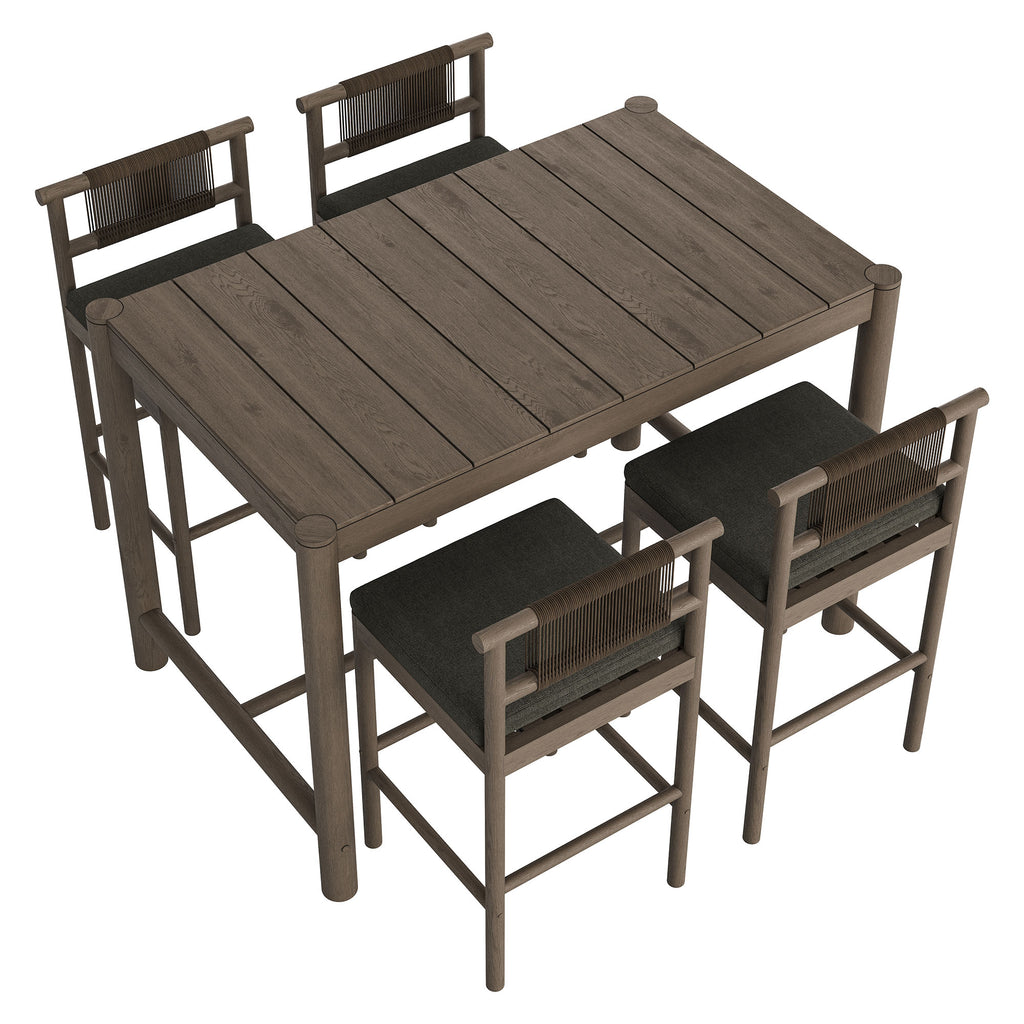 Eleni 5-Piece Outdoor Patio Teak Wood Bar Set - Weathered Gray Flint