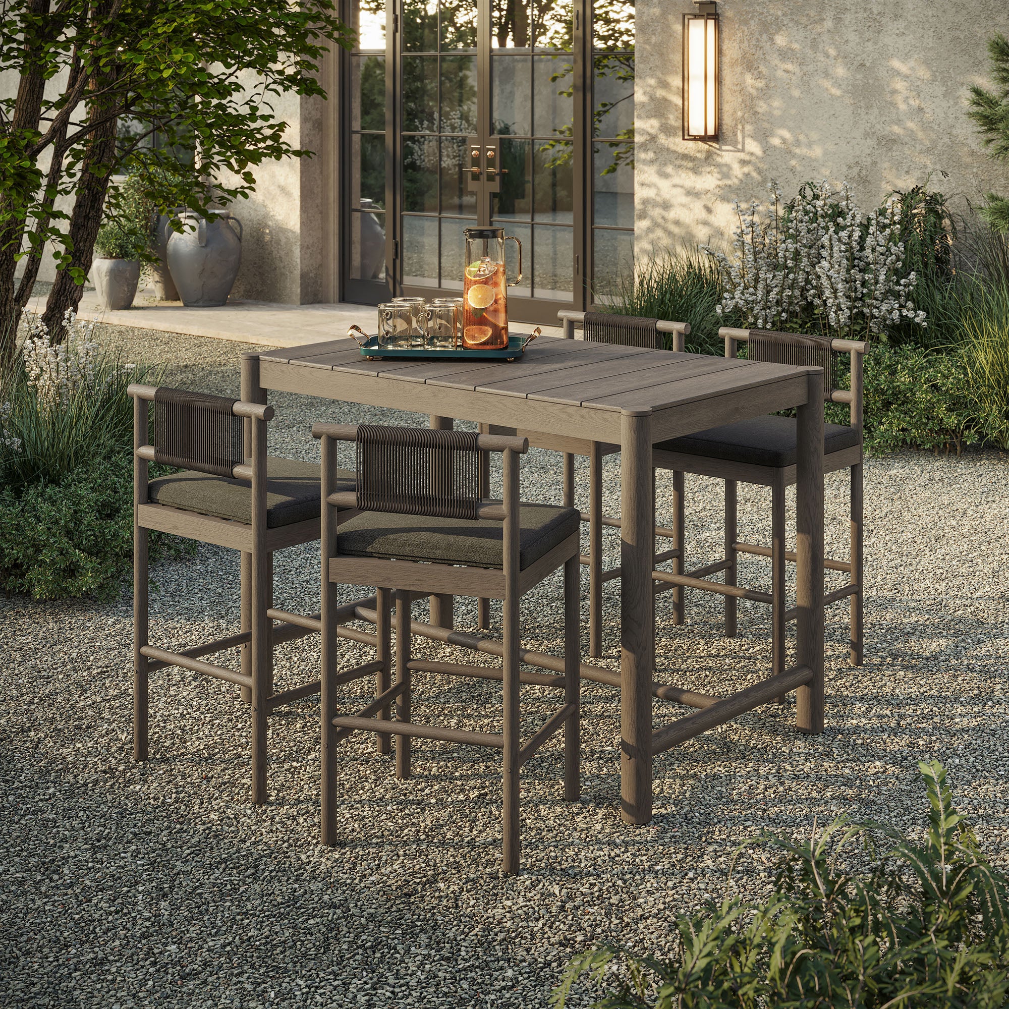 Eleni 5-Piece Outdoor Patio Teak Wood Bar Set - Weathered Gray Flint