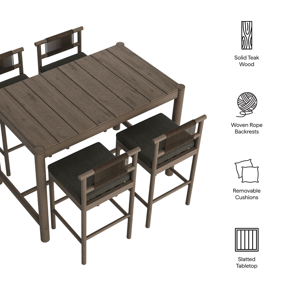 Eleni 5-Piece Outdoor Patio Teak Wood Bar Set - Weathered Gray Flint