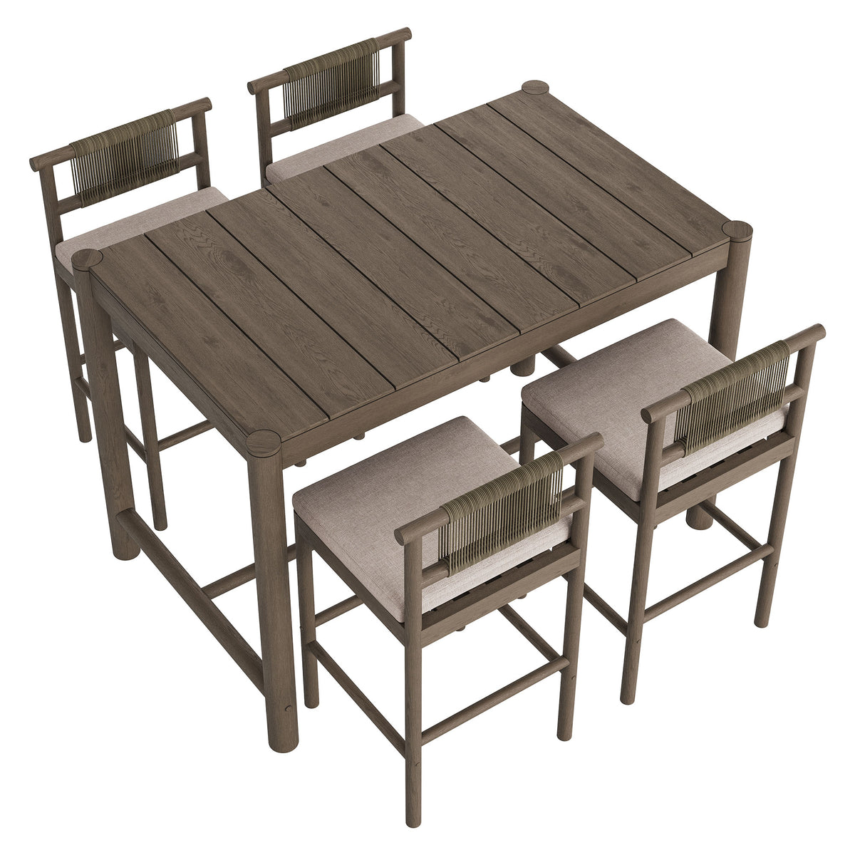 Eleni 5-Piece Outdoor Patio Teak Wood Bar Set - Weathered Gray Pebble