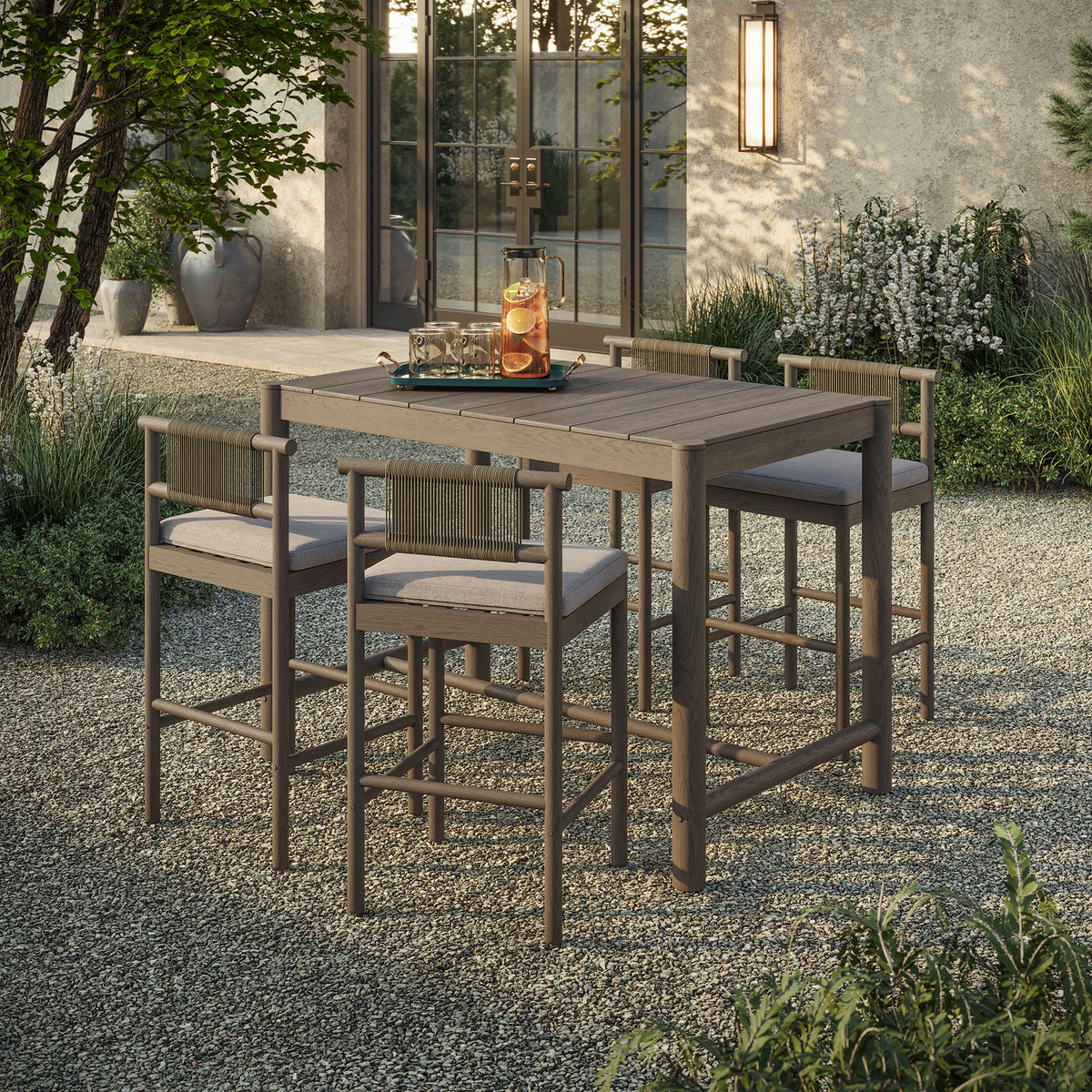 Eleni 5-Piece Outdoor Patio Teak Wood Bar Set - Weathered Gray Pebble