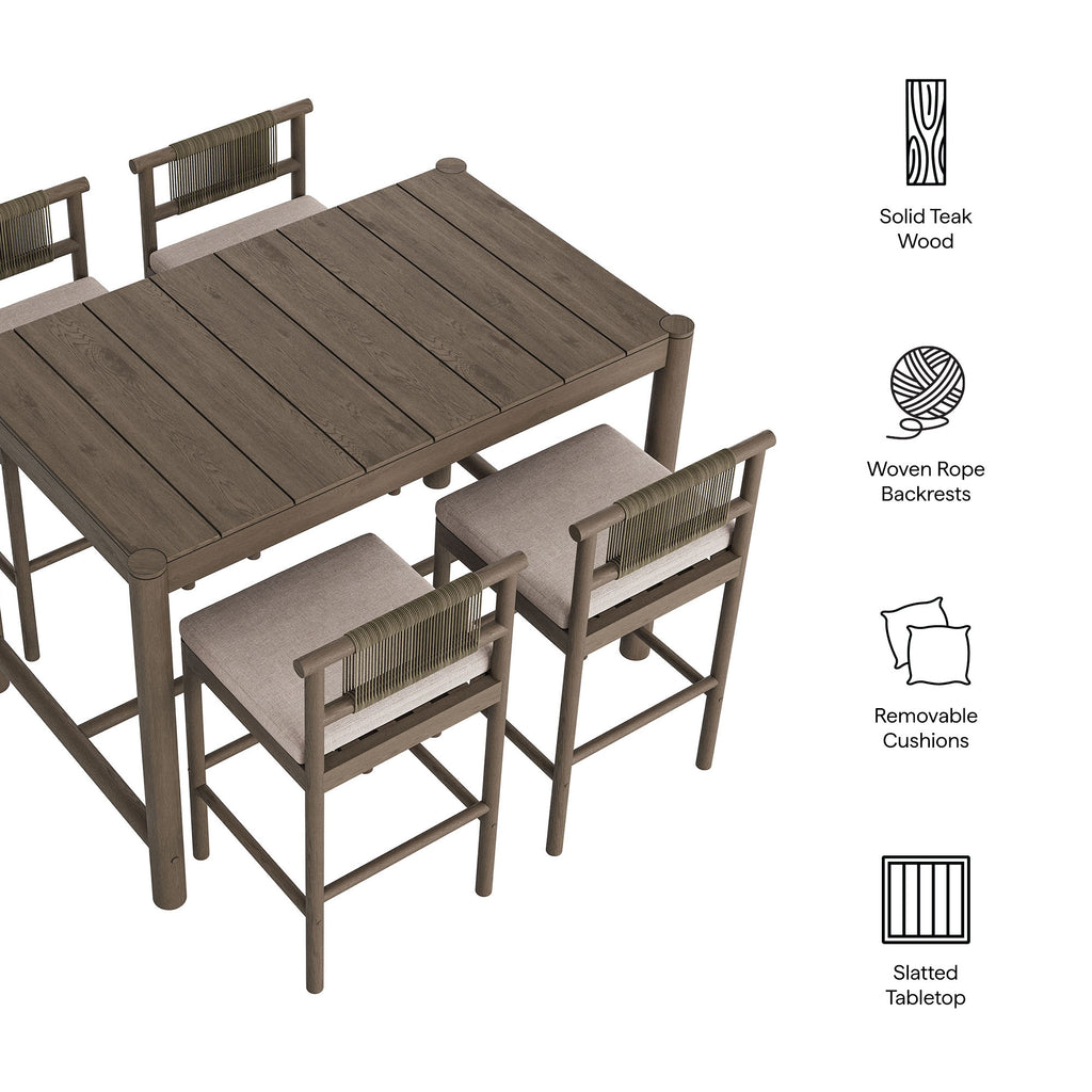Eleni 5-Piece Outdoor Patio Teak Wood Bar Set - Weathered Gray Pebble