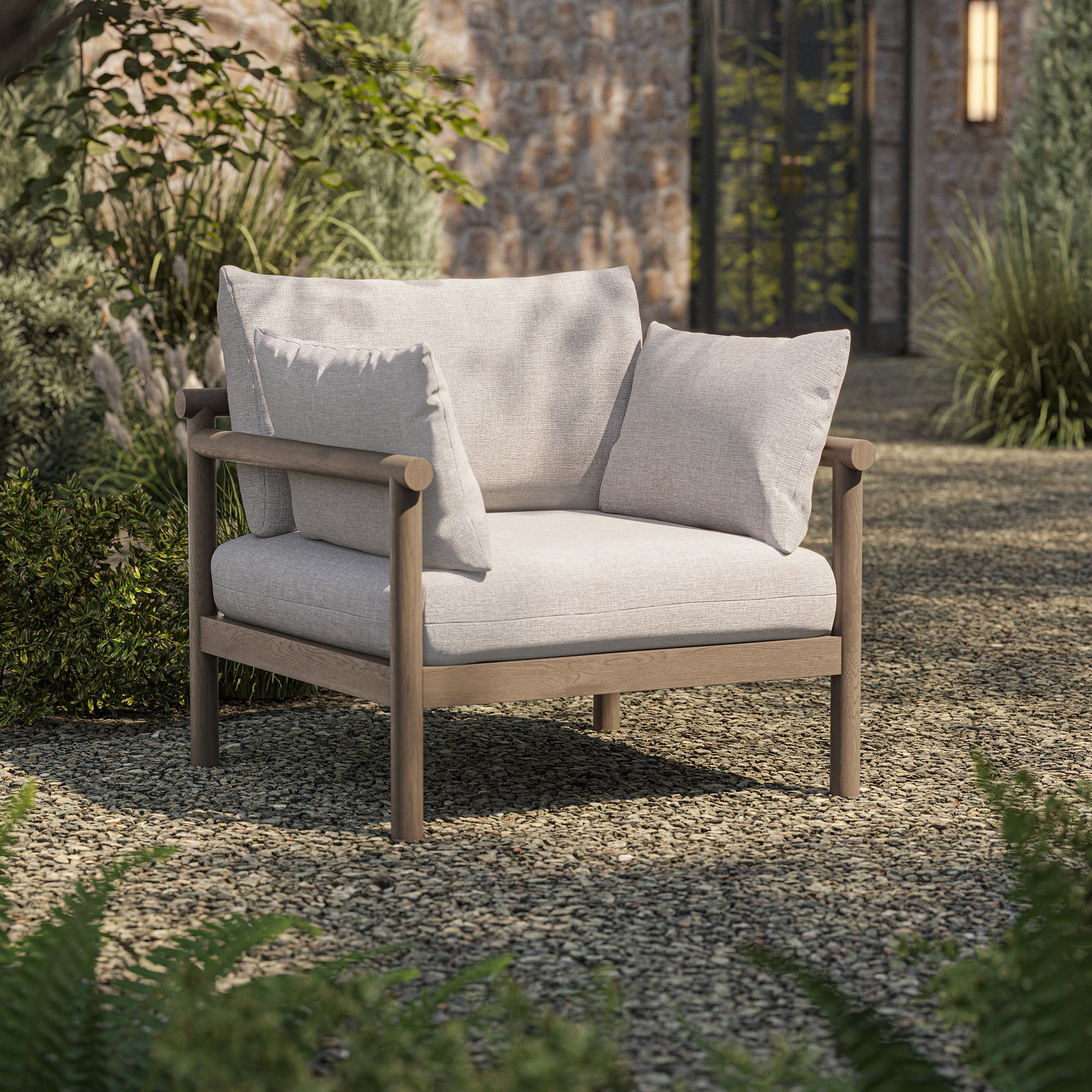Eleni Outdoor Patio Teak Wood Armchair - Weathered Gray Pebble
