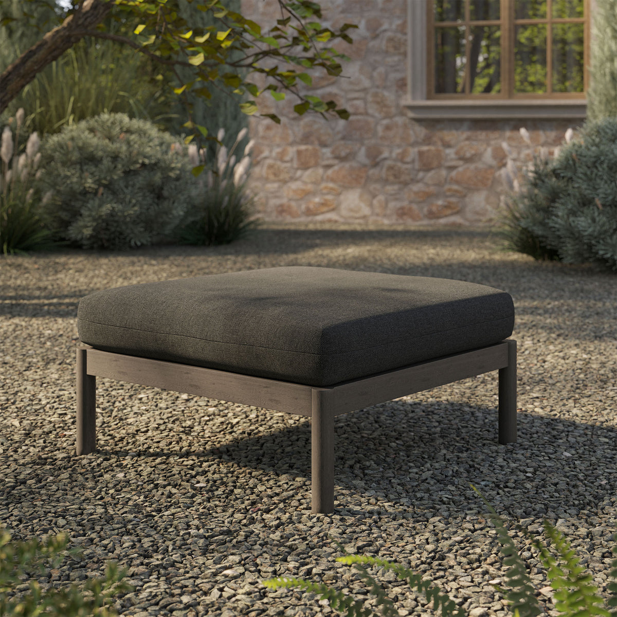 Eleni Square Outdoor Patio Teak Wood Ottoman - Weathered Gray Flint