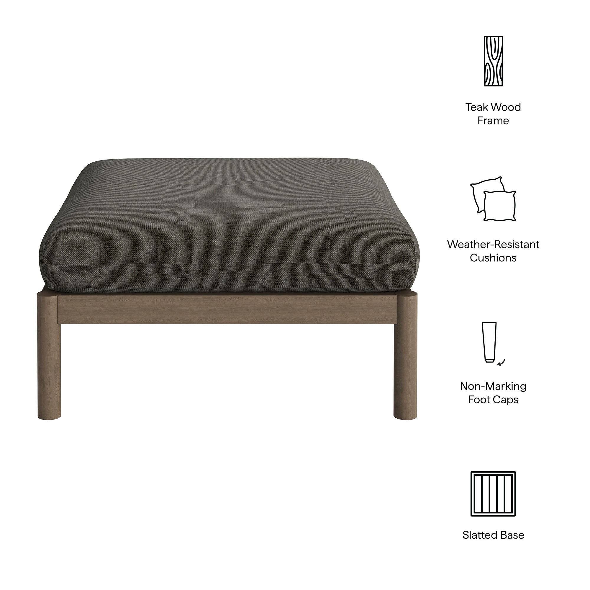 Eleni Square Outdoor Patio Teak Wood Ottoman - Weathered Gray Flint