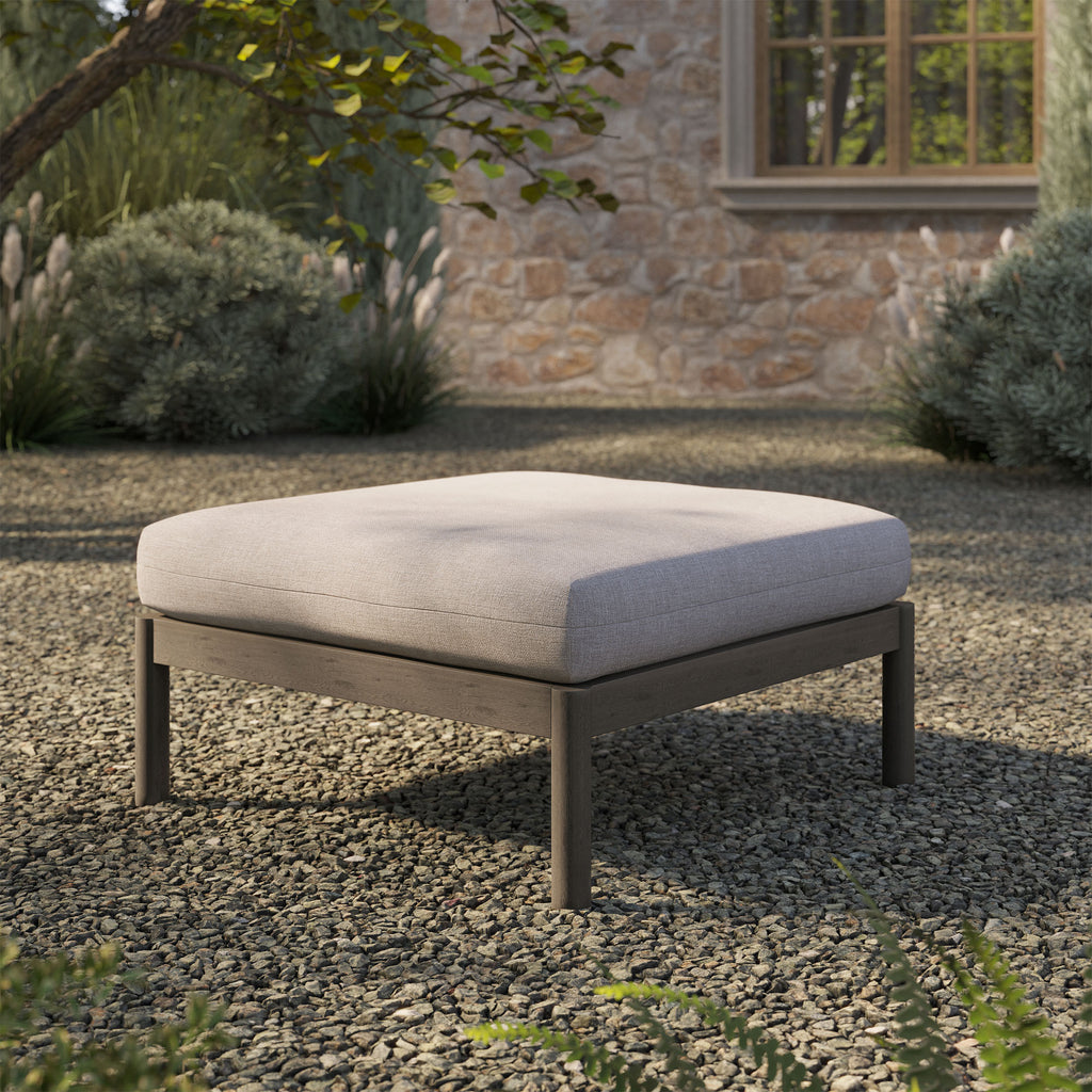 Eleni Square Outdoor Patio Teak Wood Ottoman - Weathered Gray Pebble