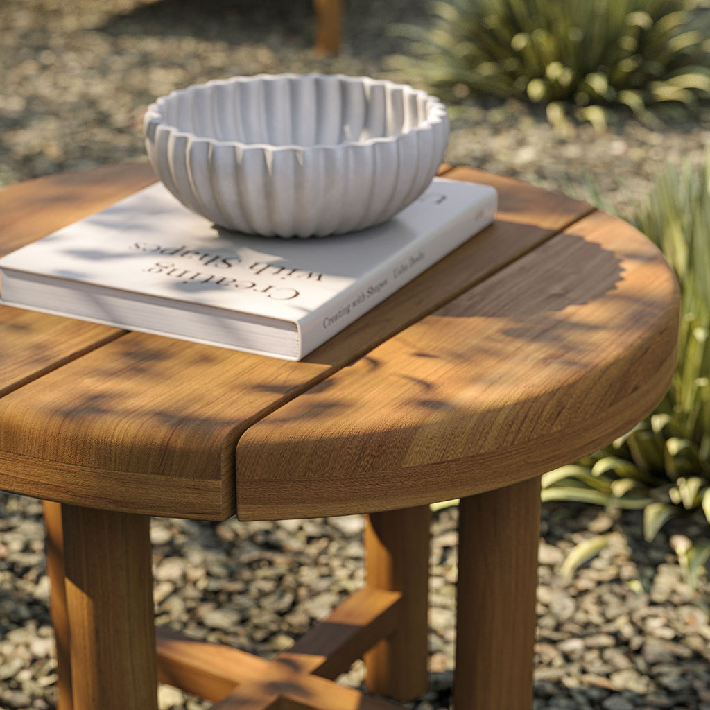 Eleni 20-Inch Round Outdoor Patio Teak Wood Side Table - Natural